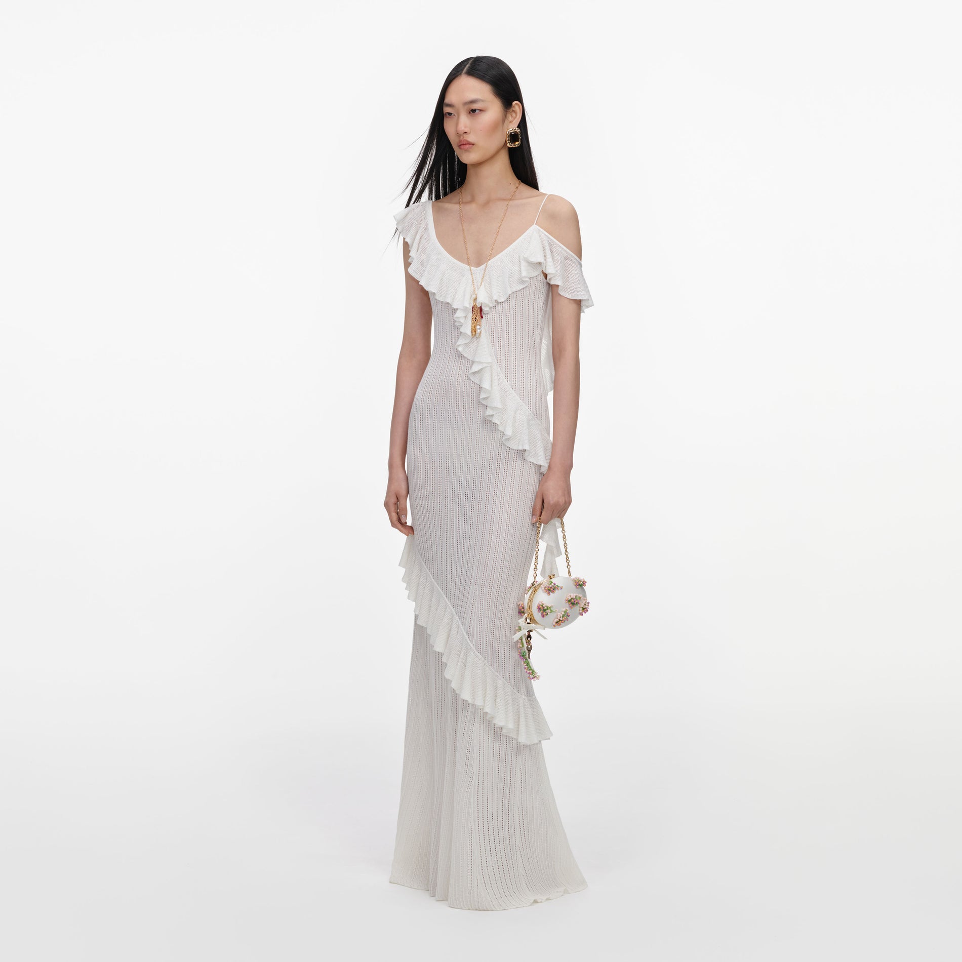 White Ruffle Knit Maxi Dress