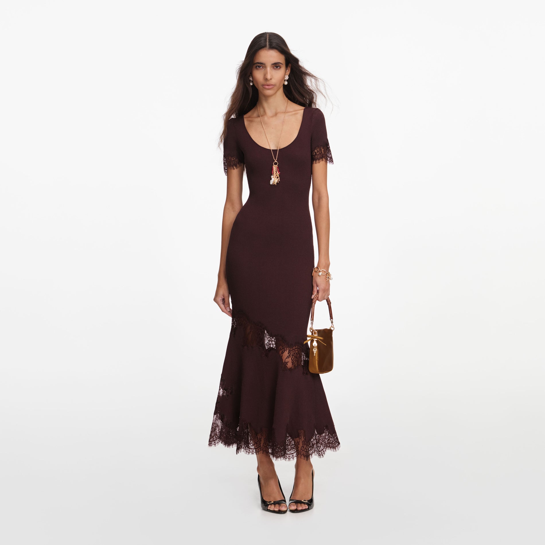 Front view of a woman wearing the Brown Ribbed Knit Midi Dress