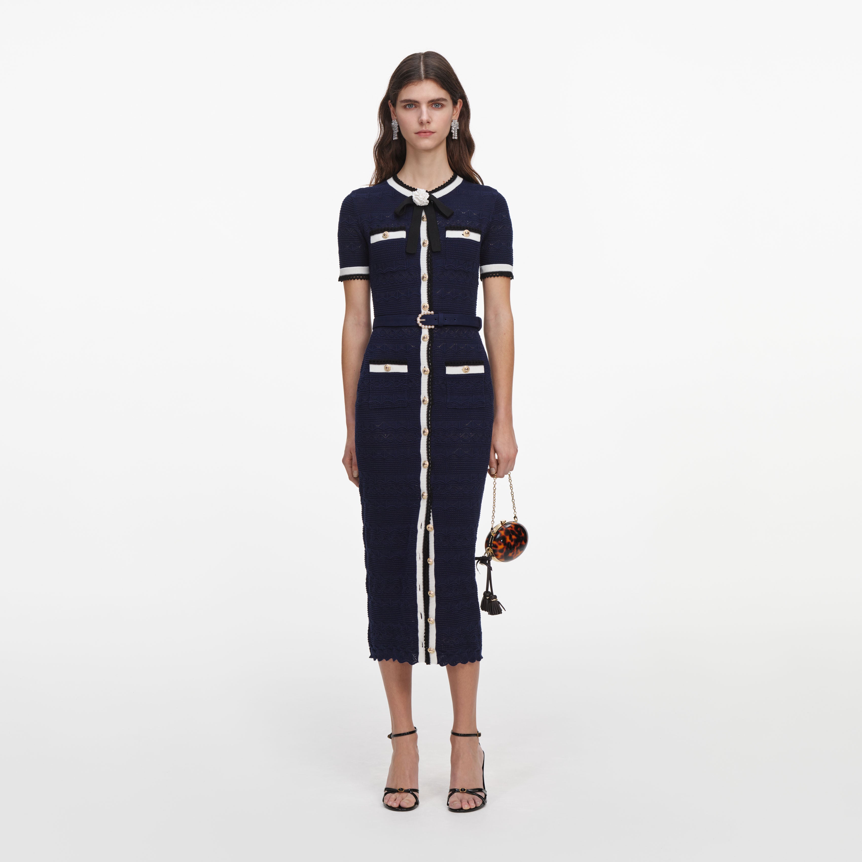 Navy Pointelle Knit Midi Dress