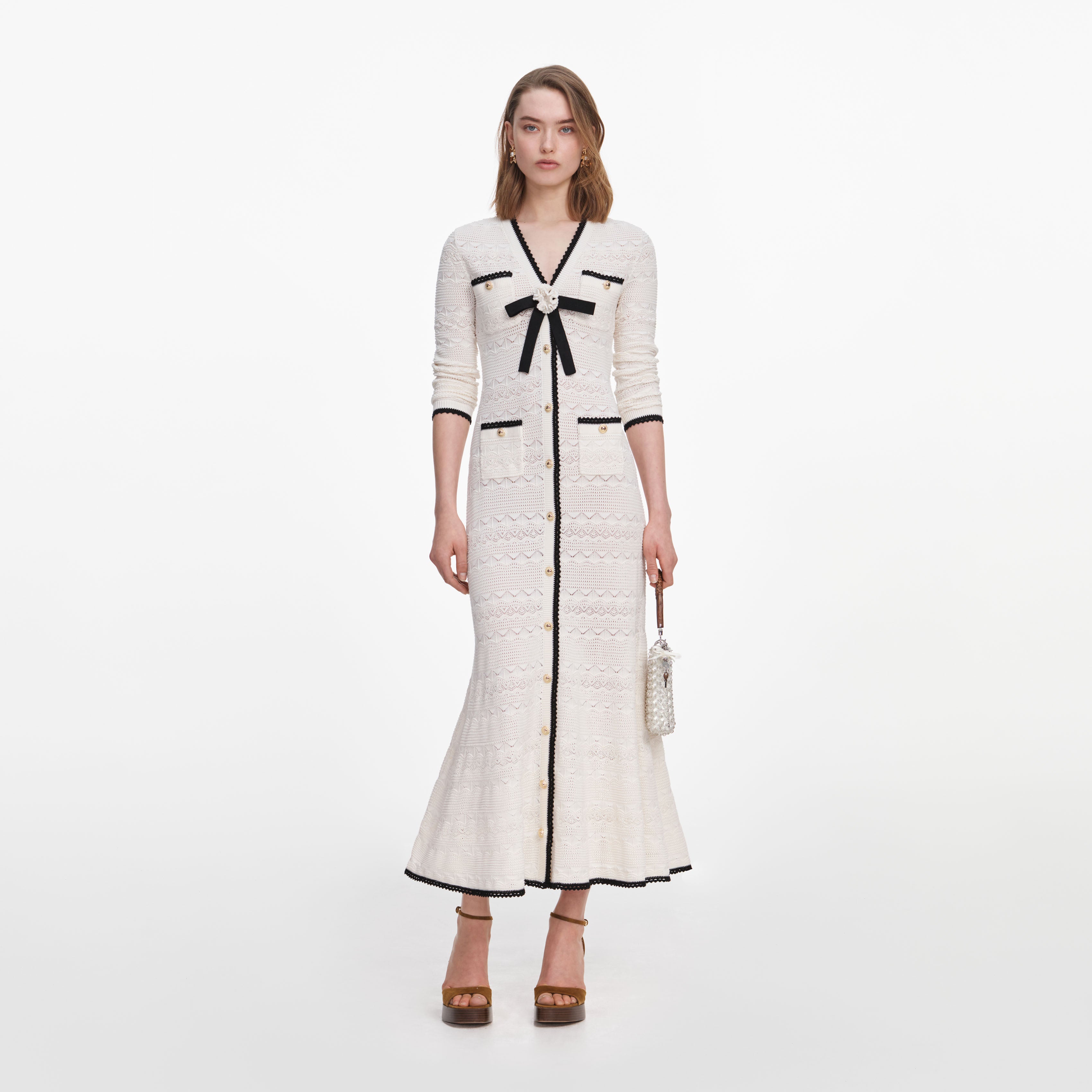 White Pointelle Knit Long Cardigan