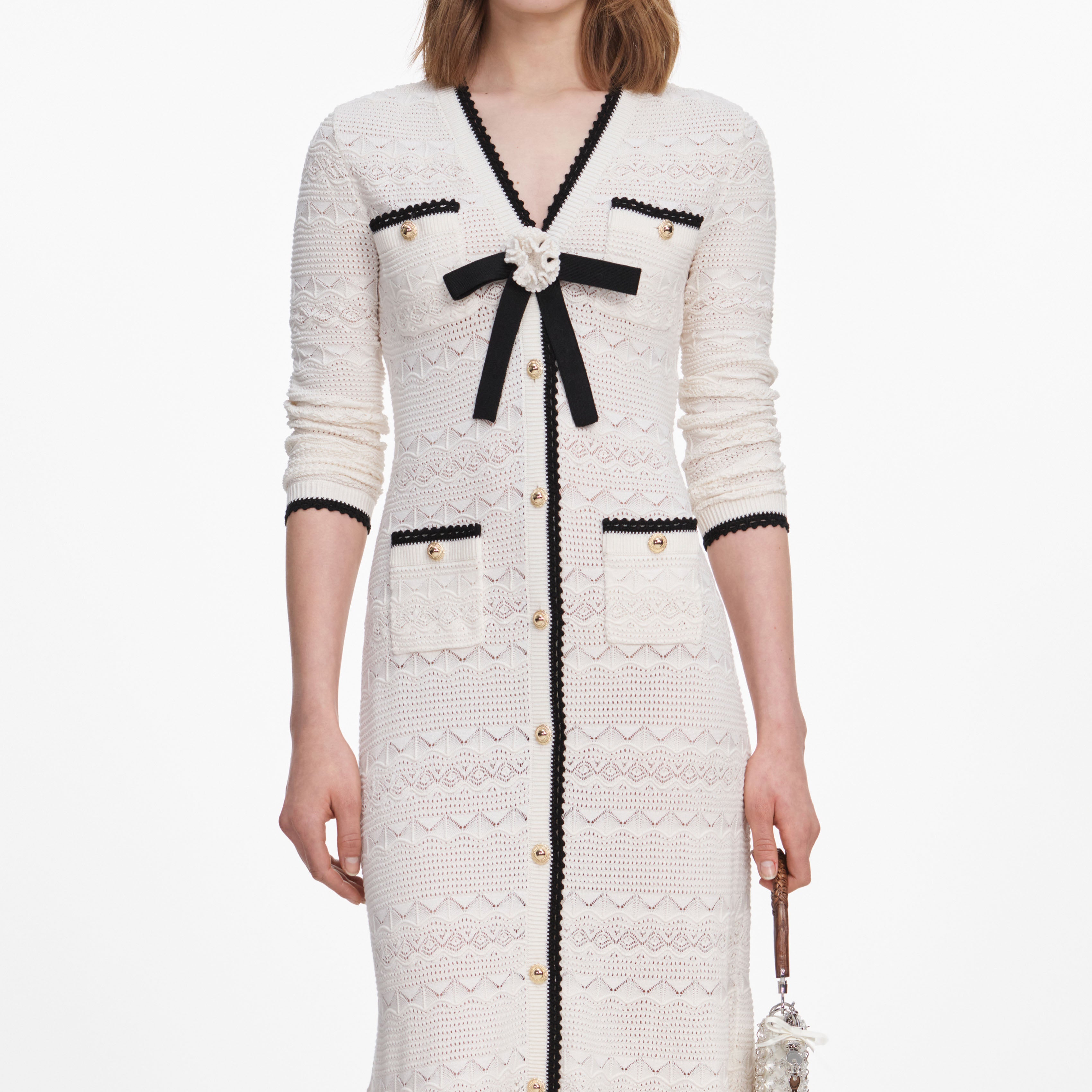 White Pointelle Knit Long Cardigan