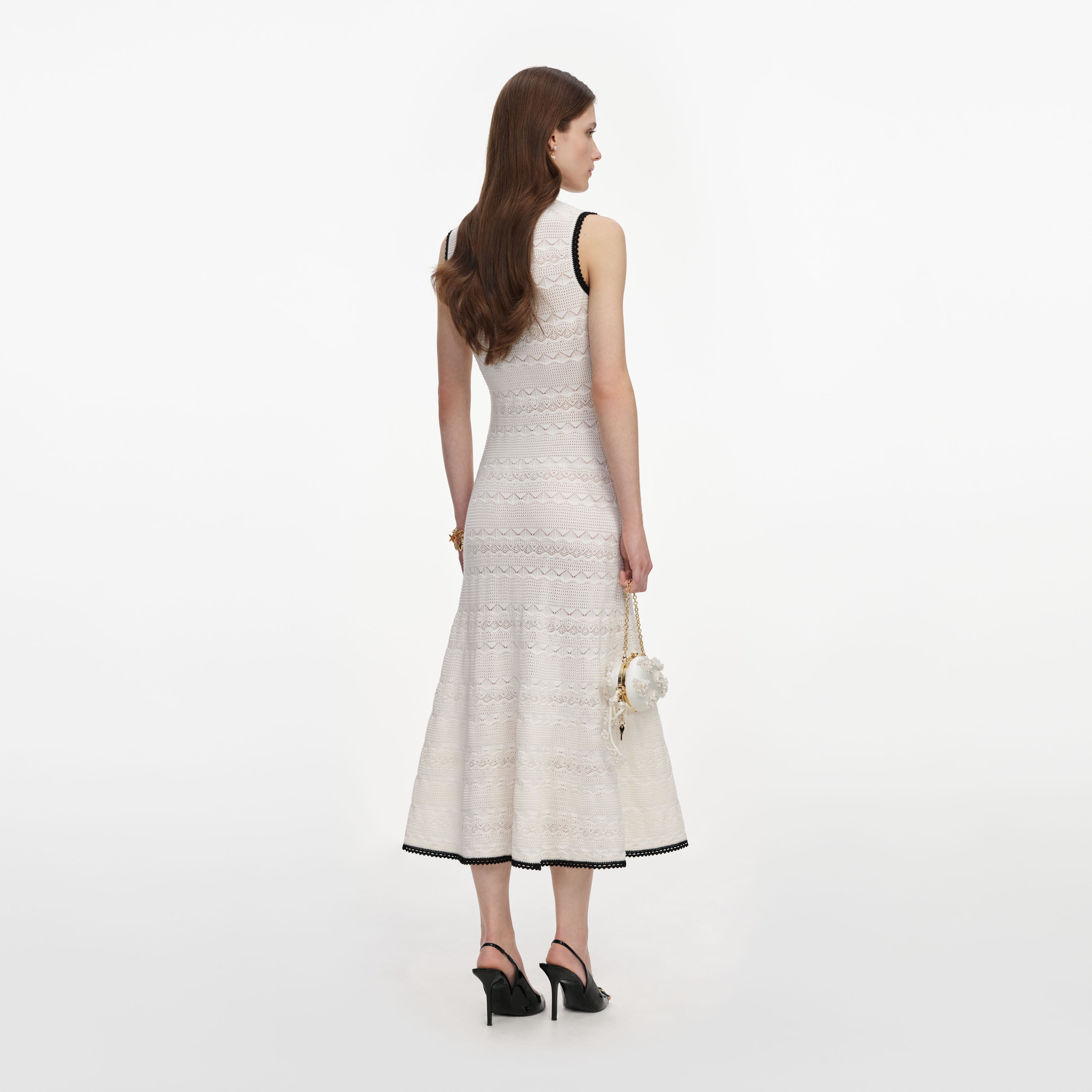 White Pointelle Knit Bow Midi Dress