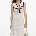 White Pointelle Knit Bow Midi Dress