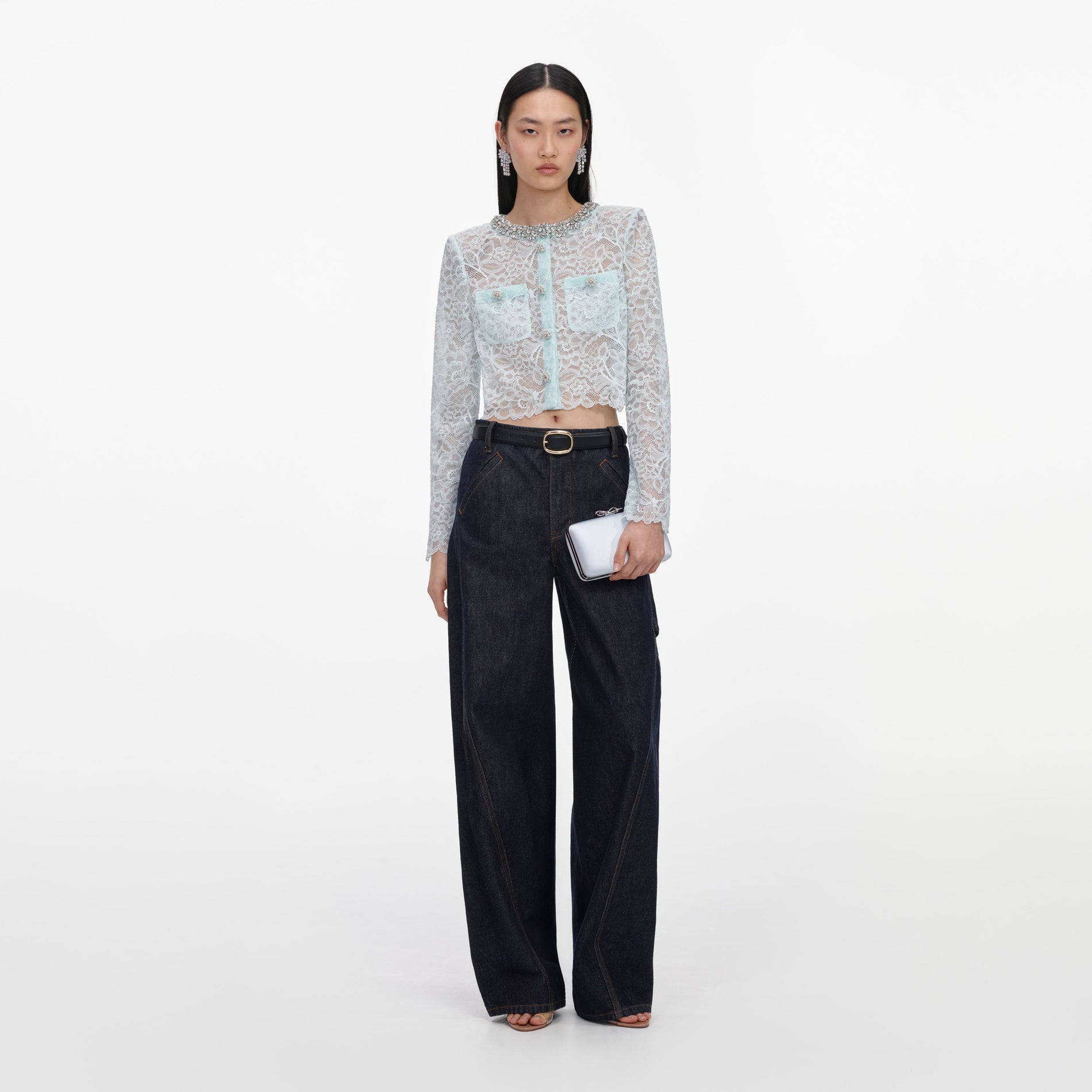Front view of a woman wearing the Mint Lace Crystal Embellished Jacket