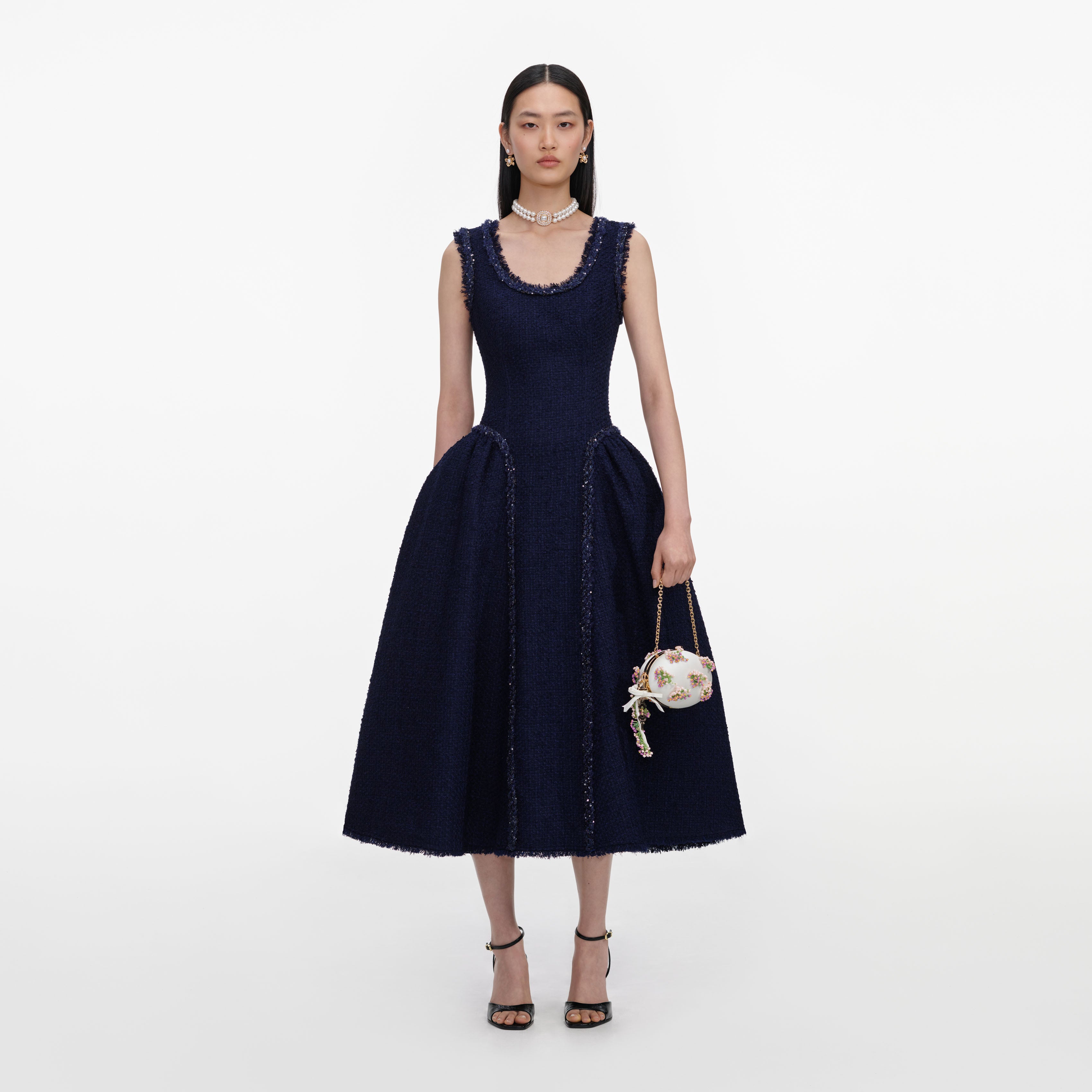 Navy Boucle Midi Dress