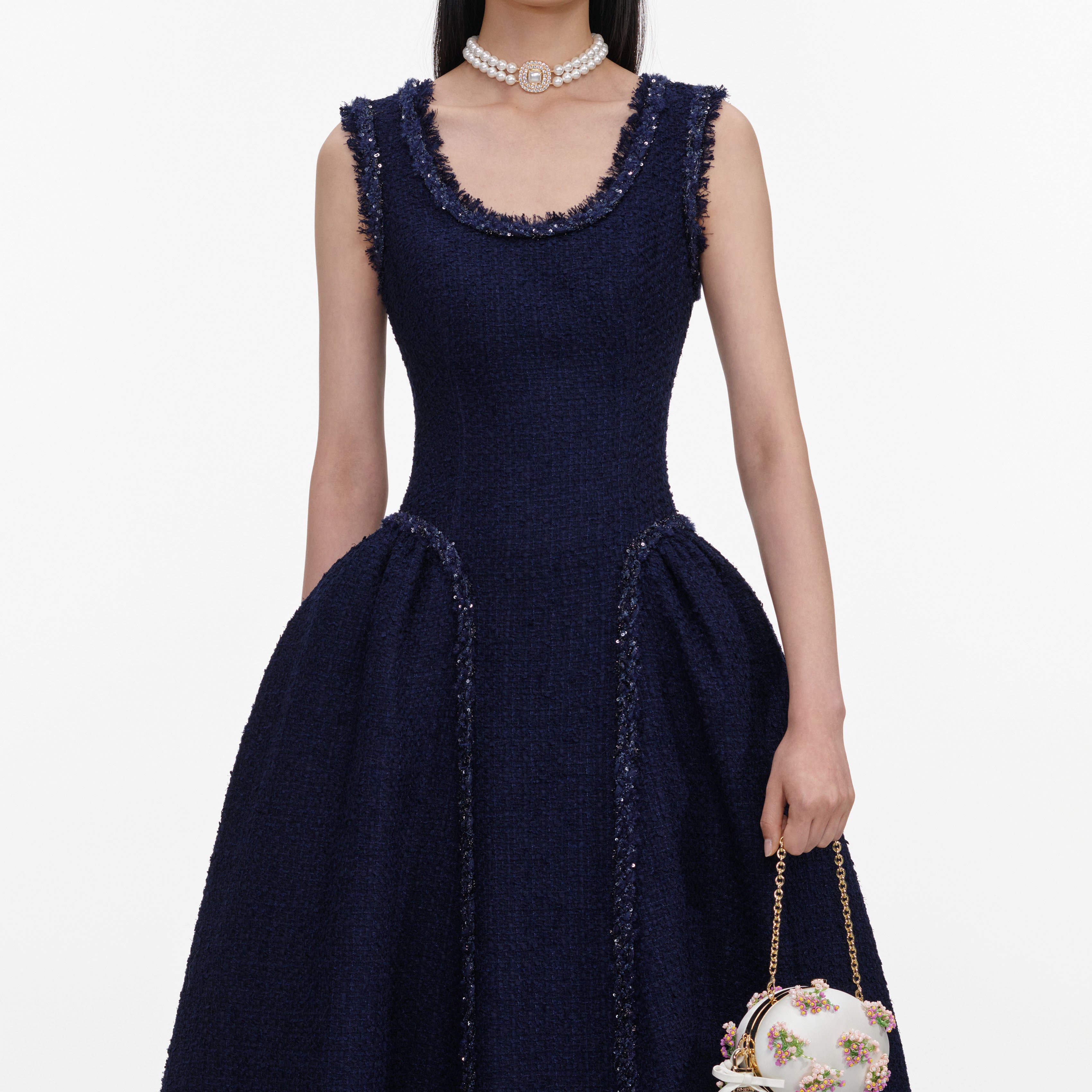 Navy Boucle Midi Dress