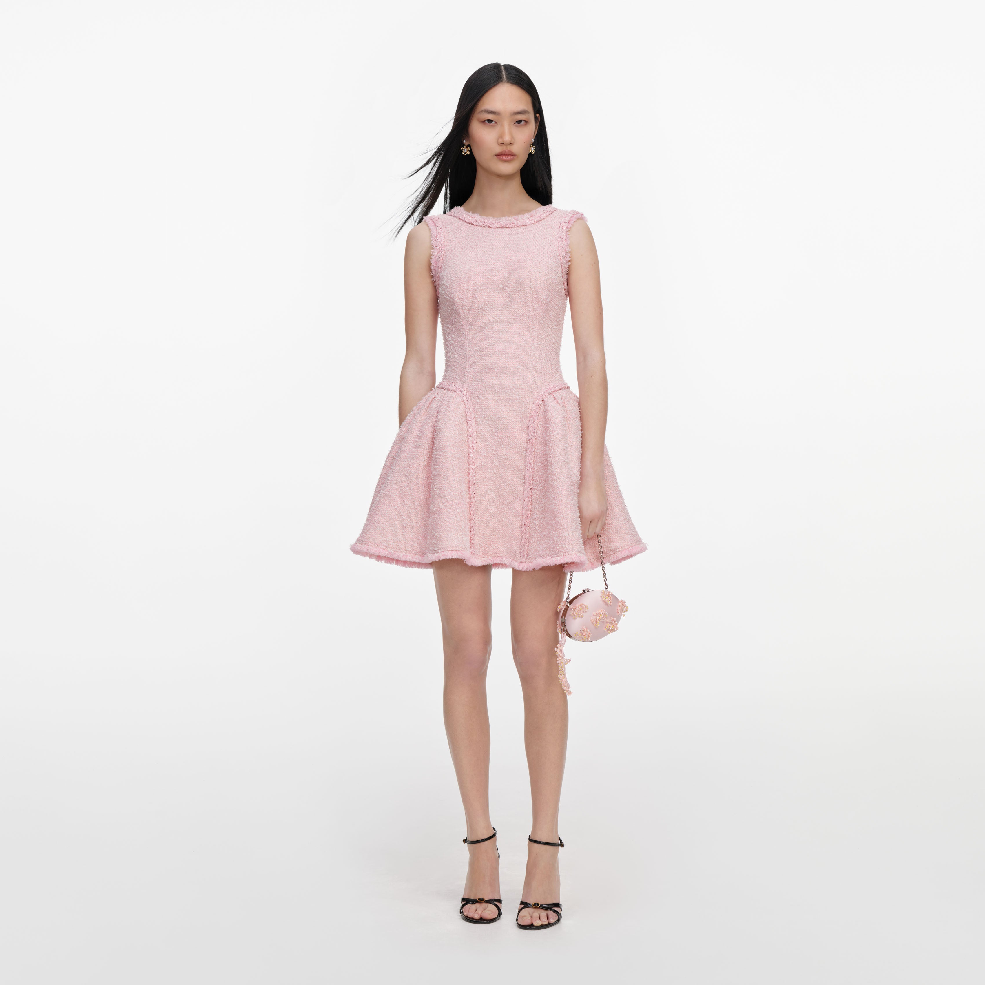 Pink Boucle Sleeveless Mini Dress