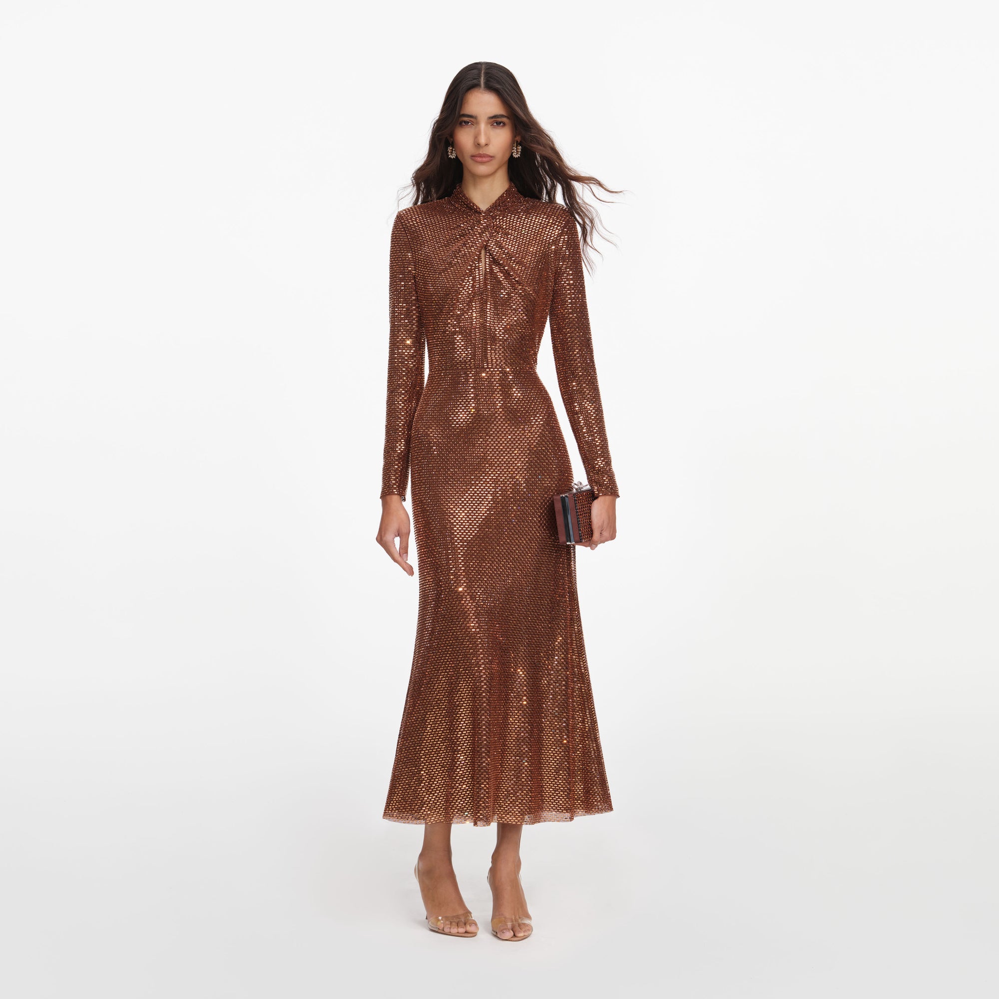 Front view of a woman wearing the Bronze Rhinestone Midi Dress