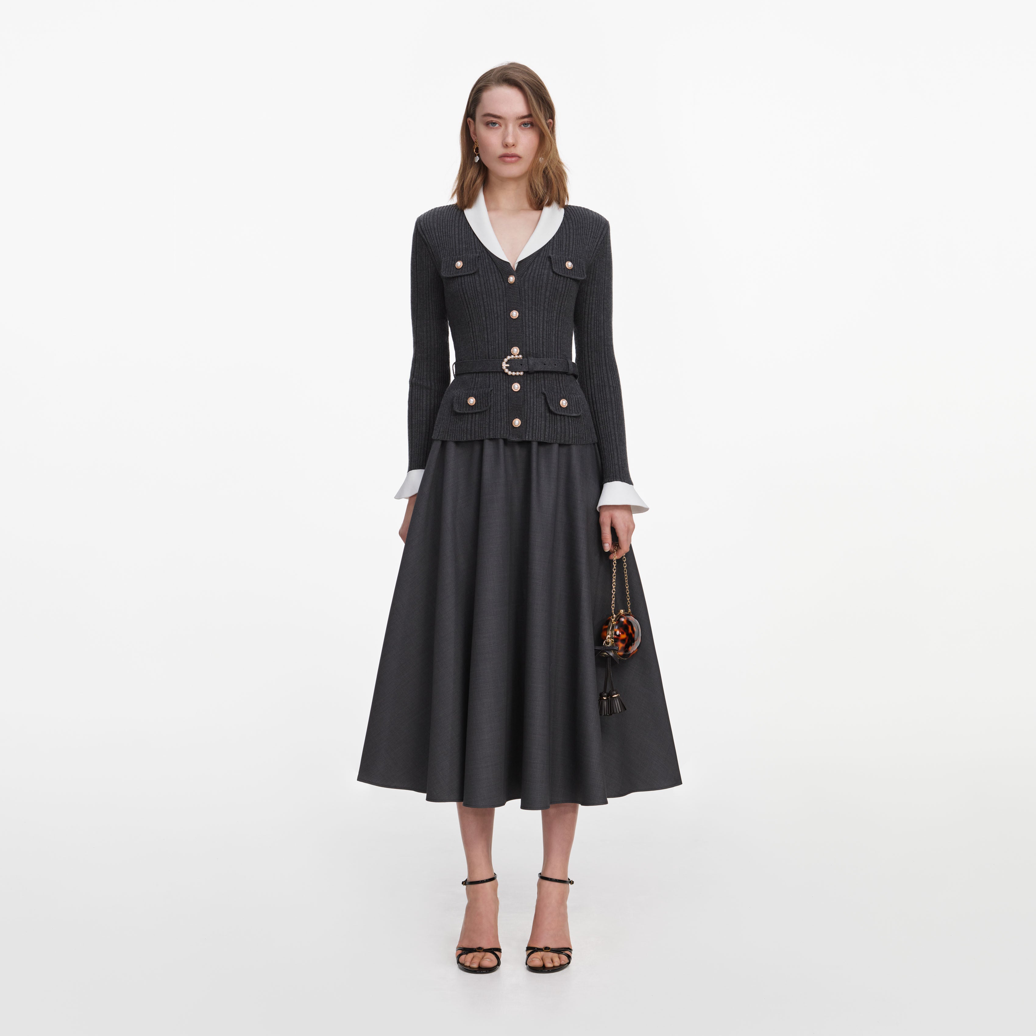 Grey Knit Twill Midi Dress