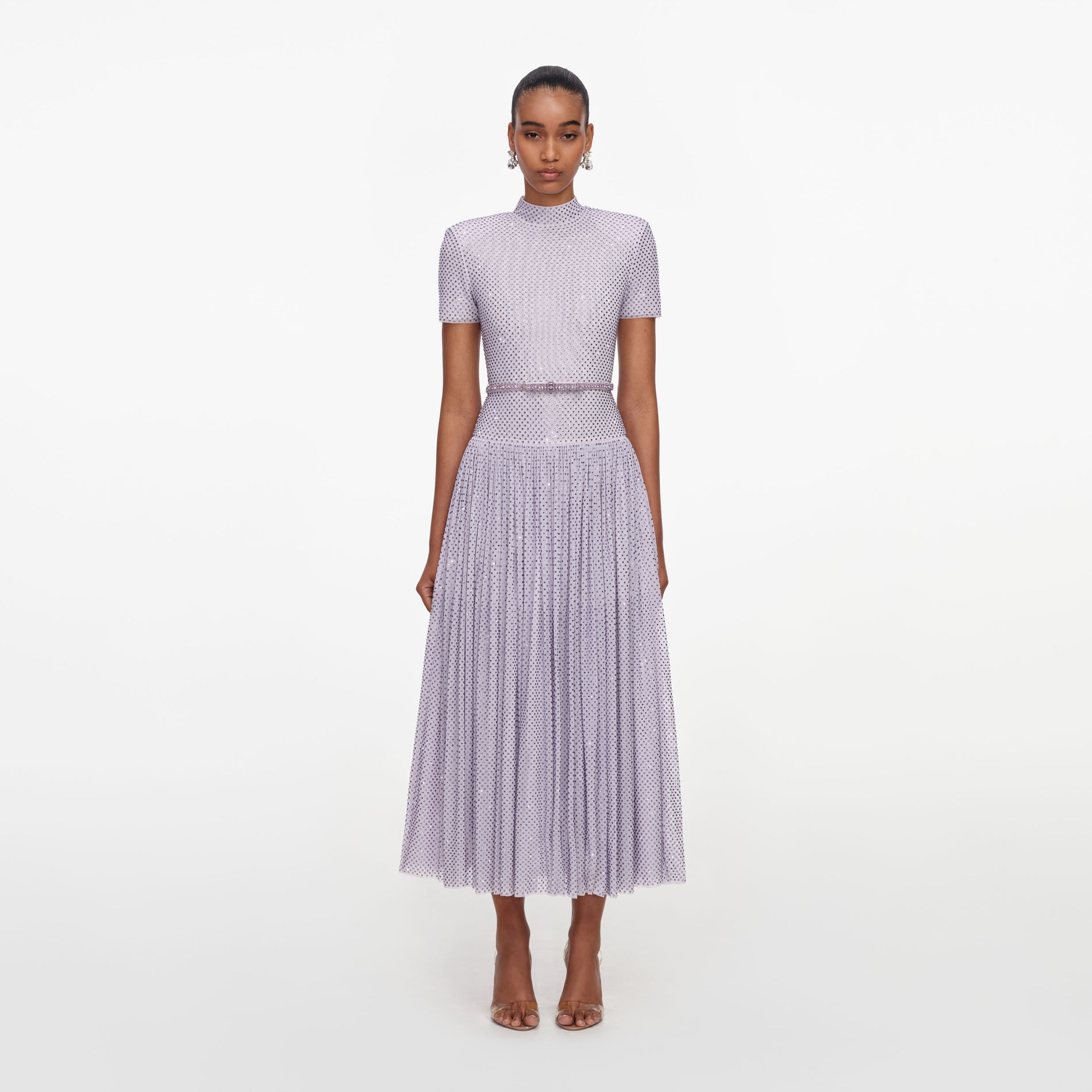 Front view of a woman wearing the Lilac Rhinestone Midi Dress
