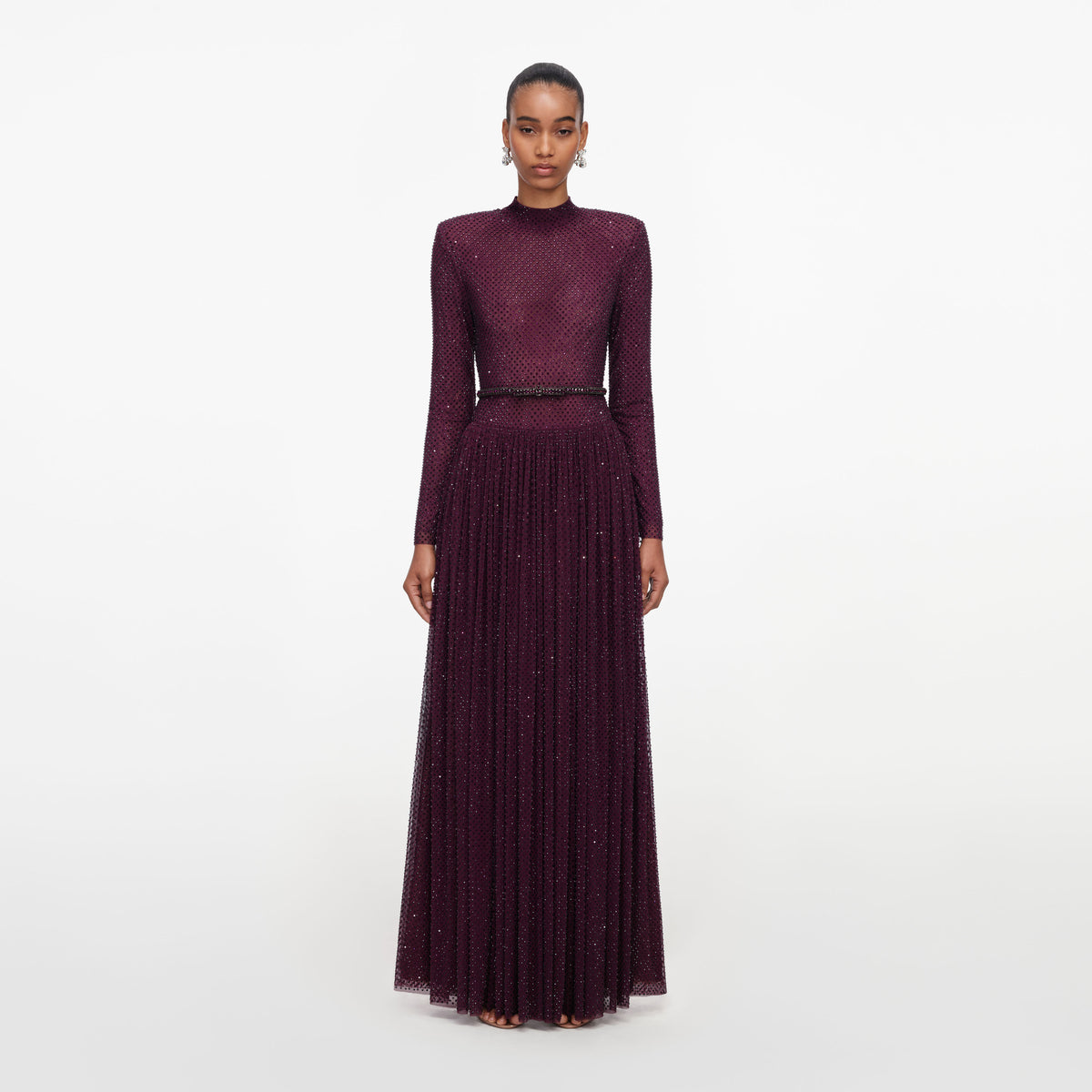 Burgundy Rhinestone Long Sleeve Maxi Dress