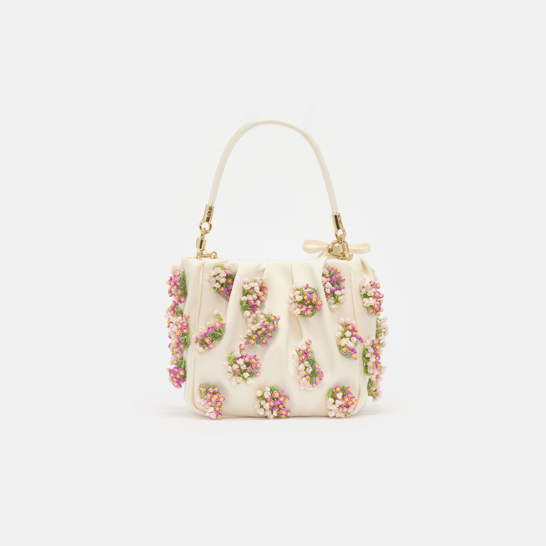Cream Satin Floral Beaded Tote Bag