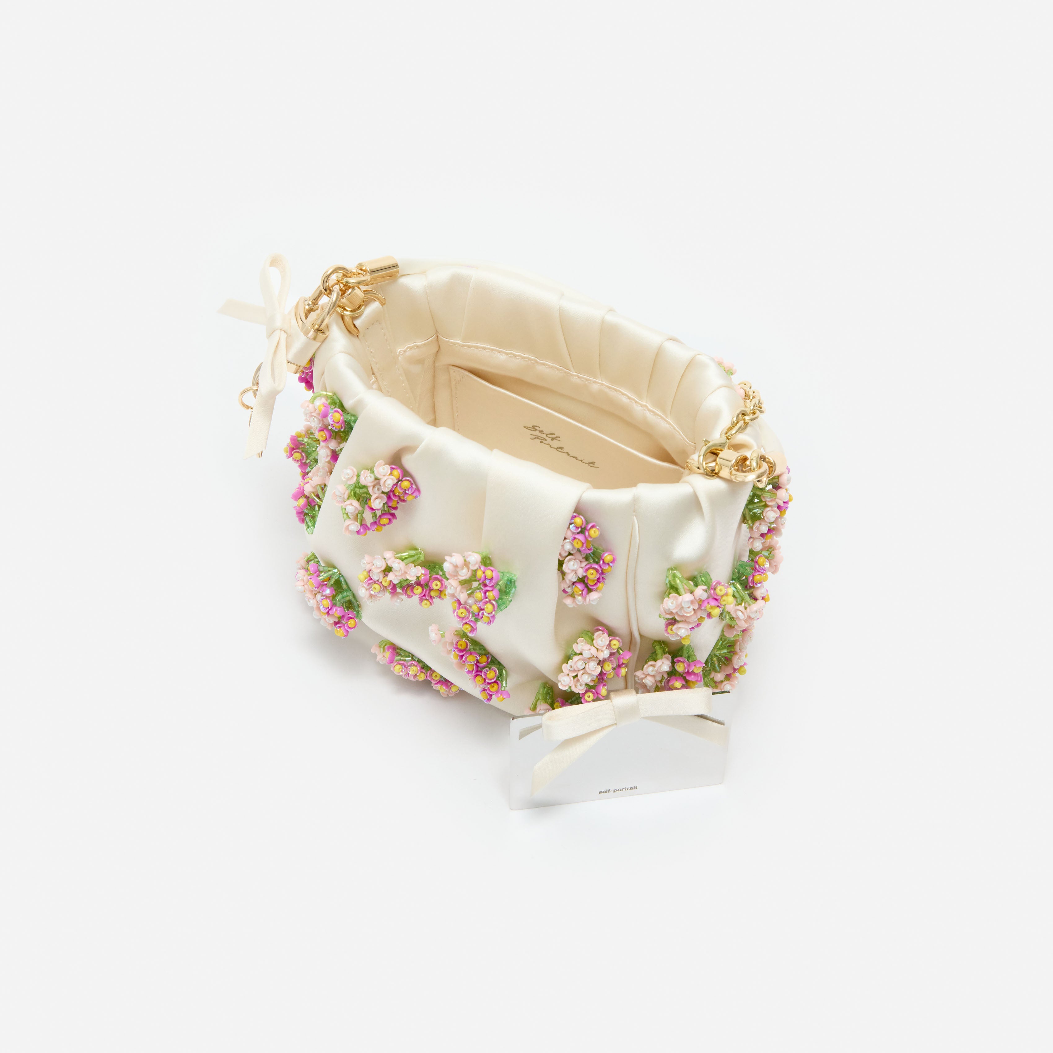 Cream Satin Floral Beaded Tote Bag