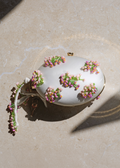 Cream Satin Pink Floral Beaded Oval Clutch