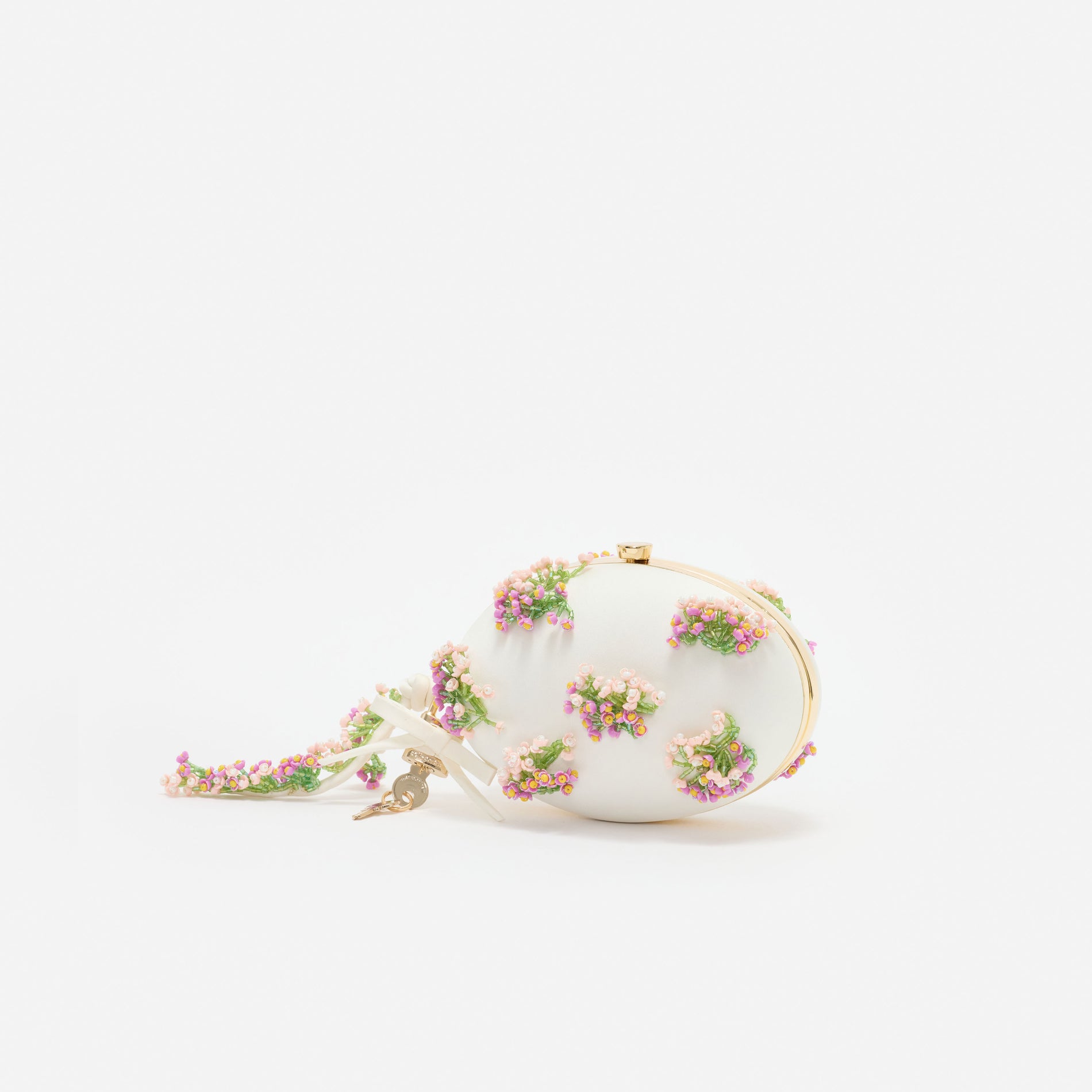 Cream Satin Pink Floral Beaded Oval Clutch