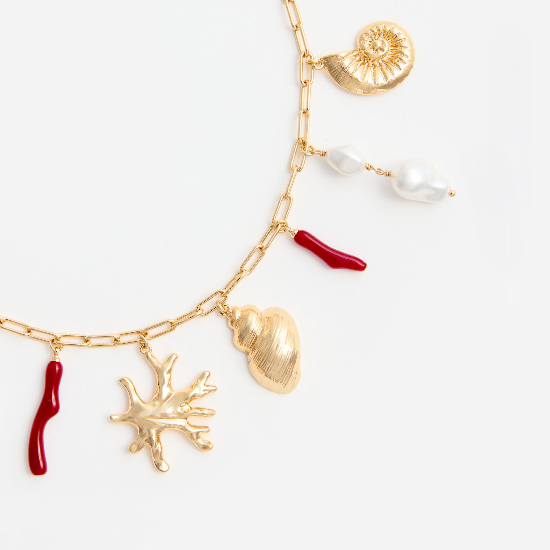 Gold Coral Pearl Charm Necklace