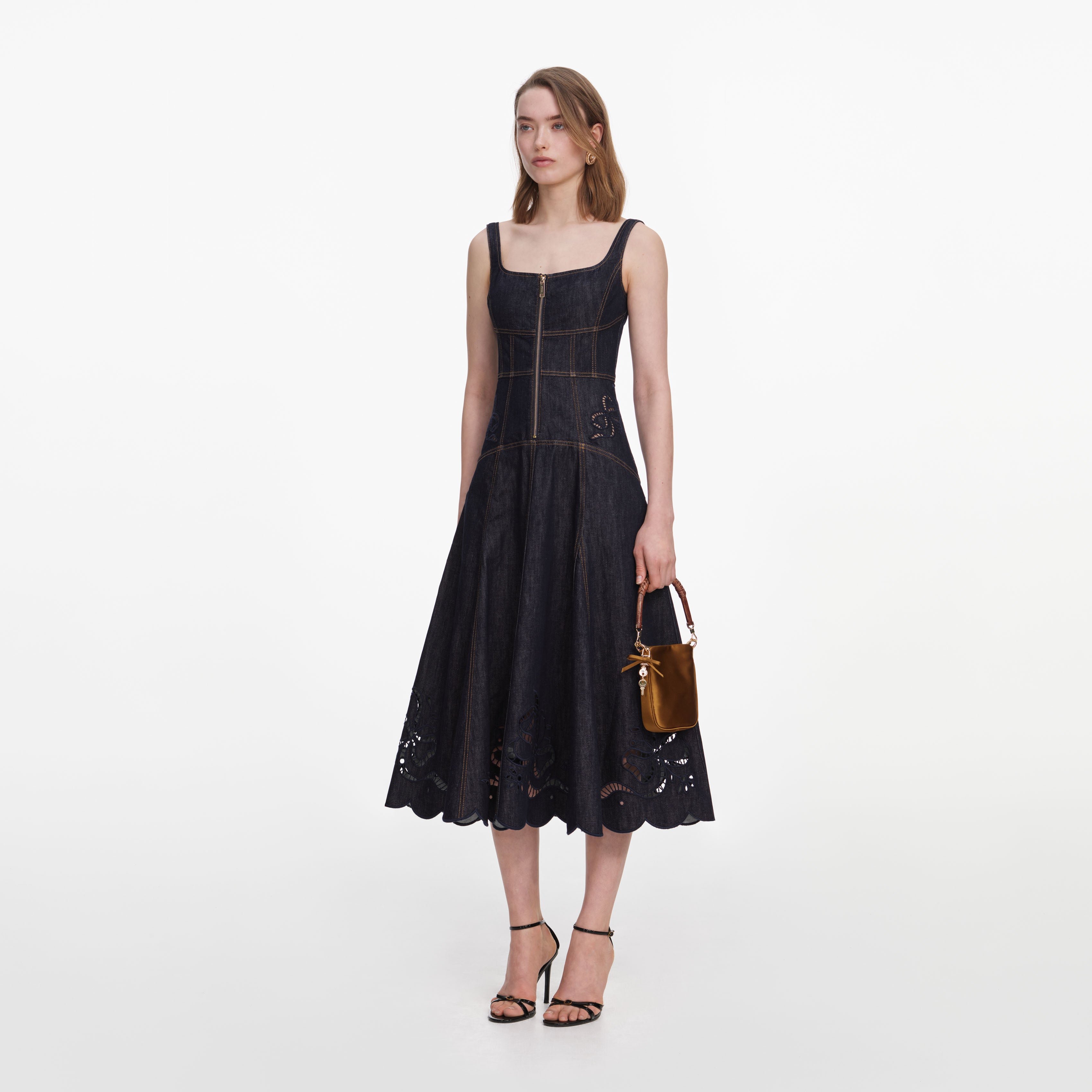 Indigo Denim Bow Embroidered Midi Dress