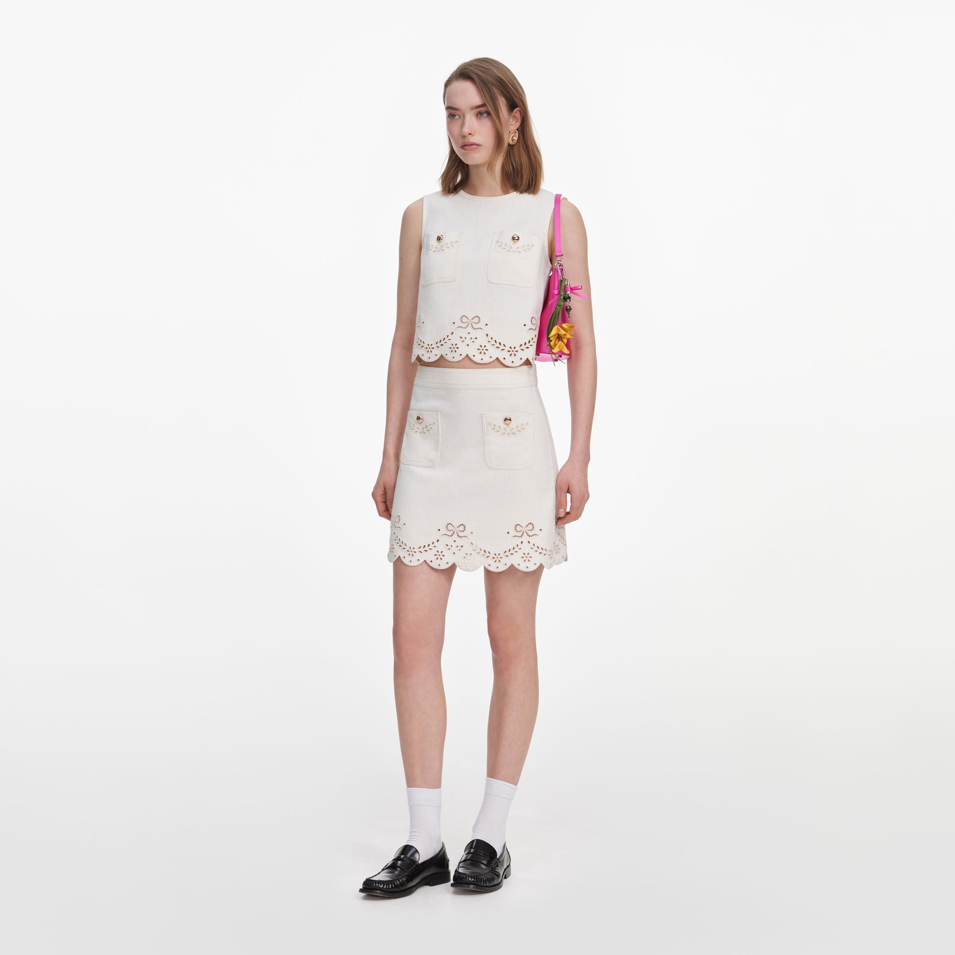 Cream Broderie Denim Mini Skirt