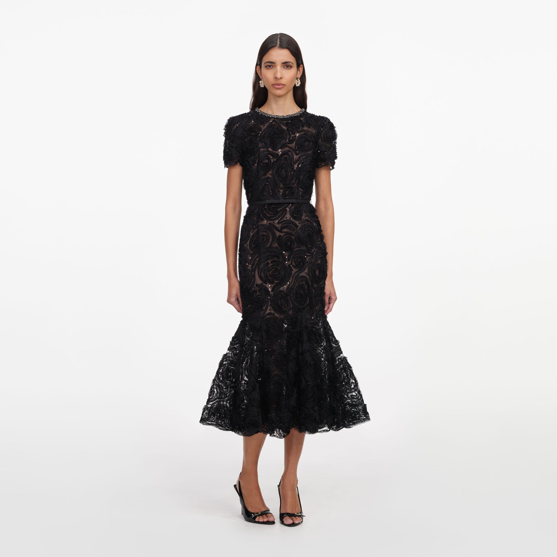 Front view of a woman wearing the Black Tulle Lace Midi Dress