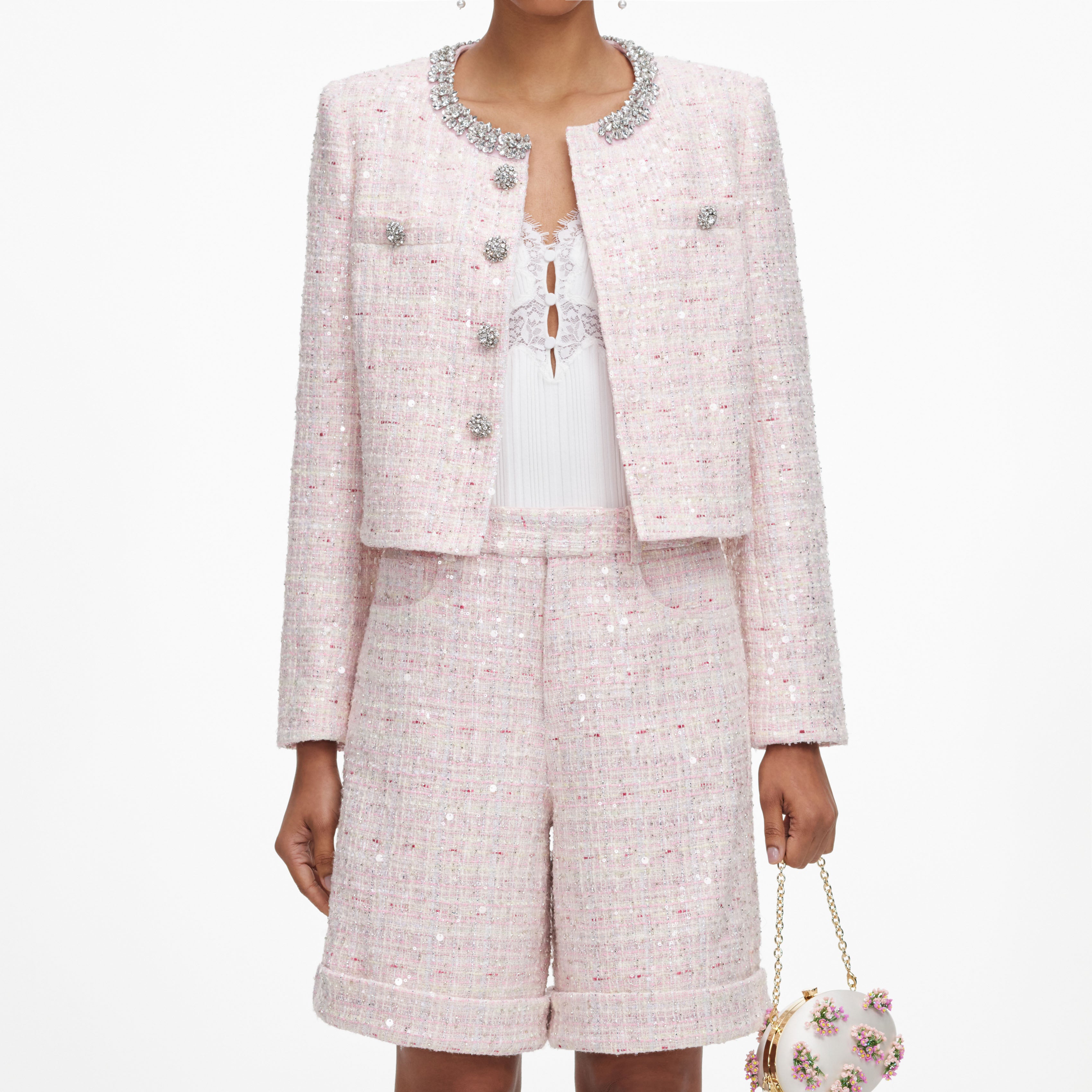 Pink Sequin Boucle Shorts
