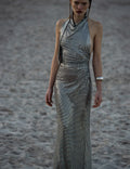 Grey Rhinestone Drape Maxi Dress
