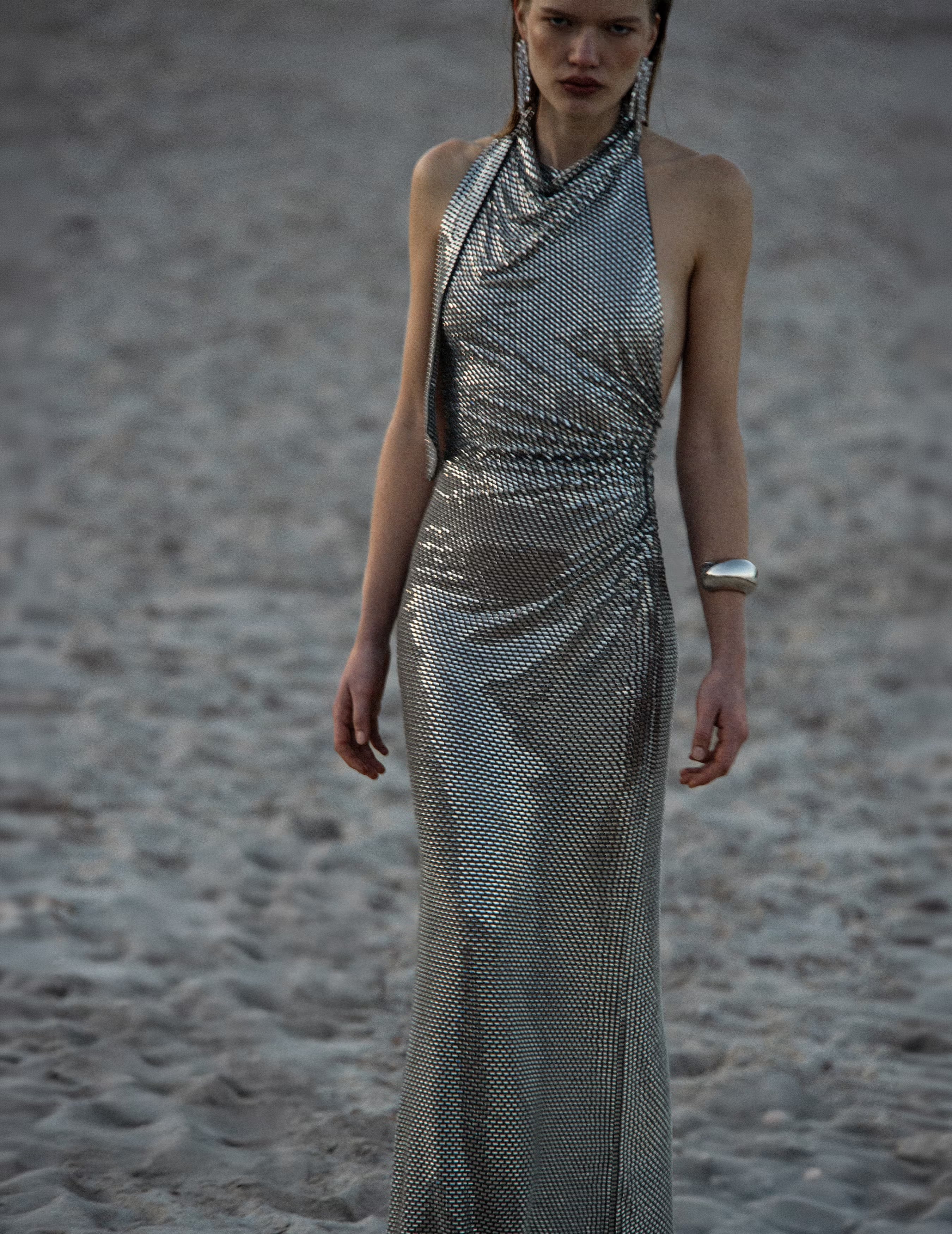 Grey Rhinestone Drape Maxi Dress