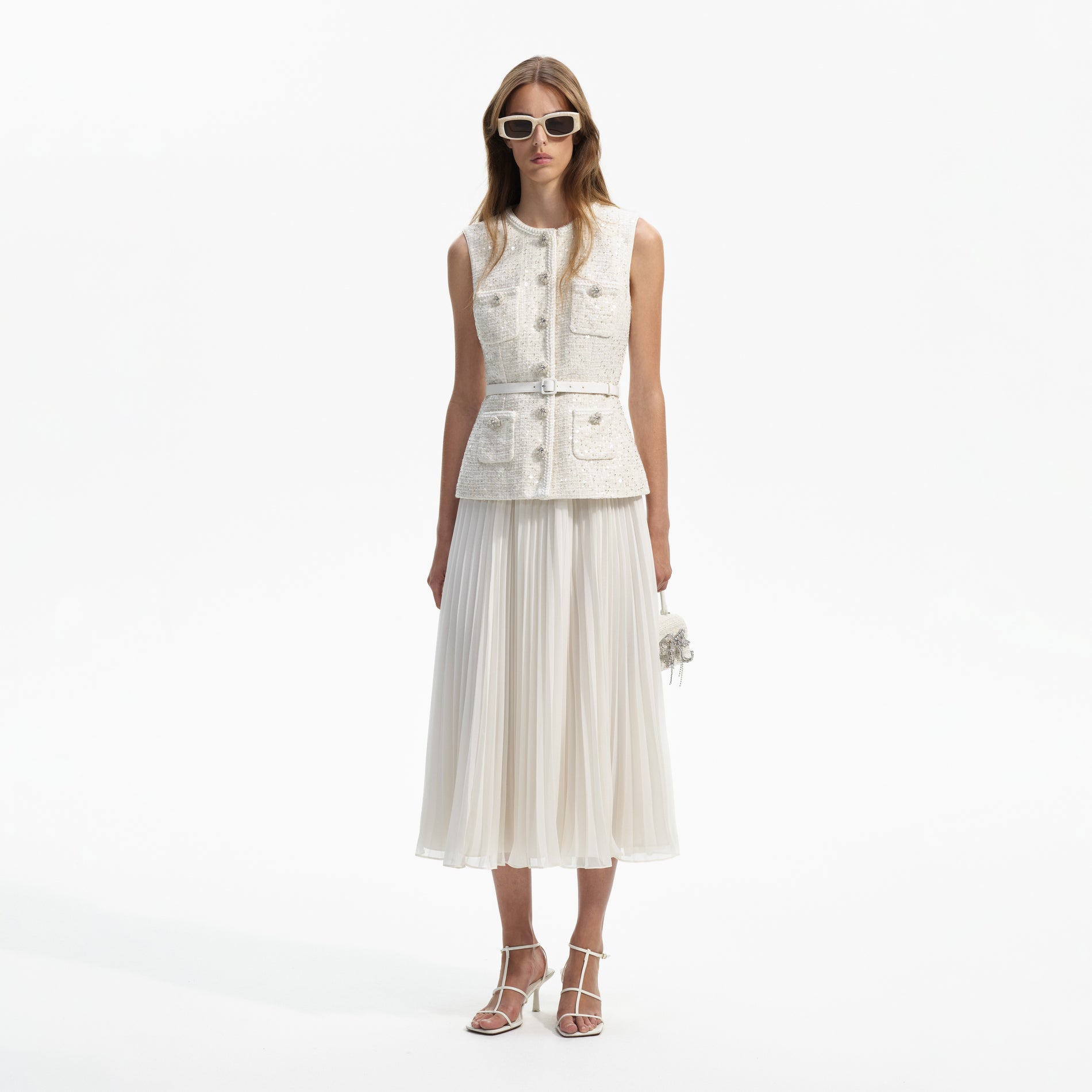 Front view of a woman wearing the Cream Sequin Boucle Tailored Midi Dress