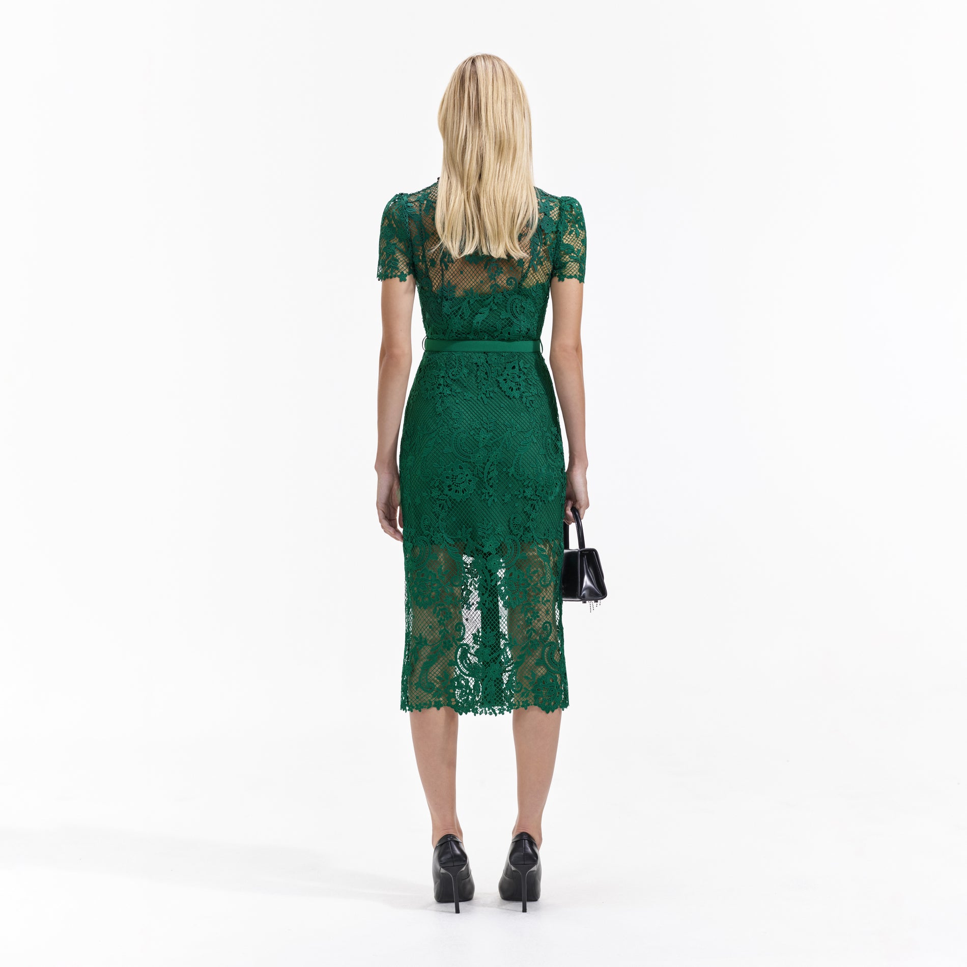 Back view of a woman wearing the Green Lace Button Front Midi Dress