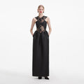 Black Lace Taffeta Maxi Dress
