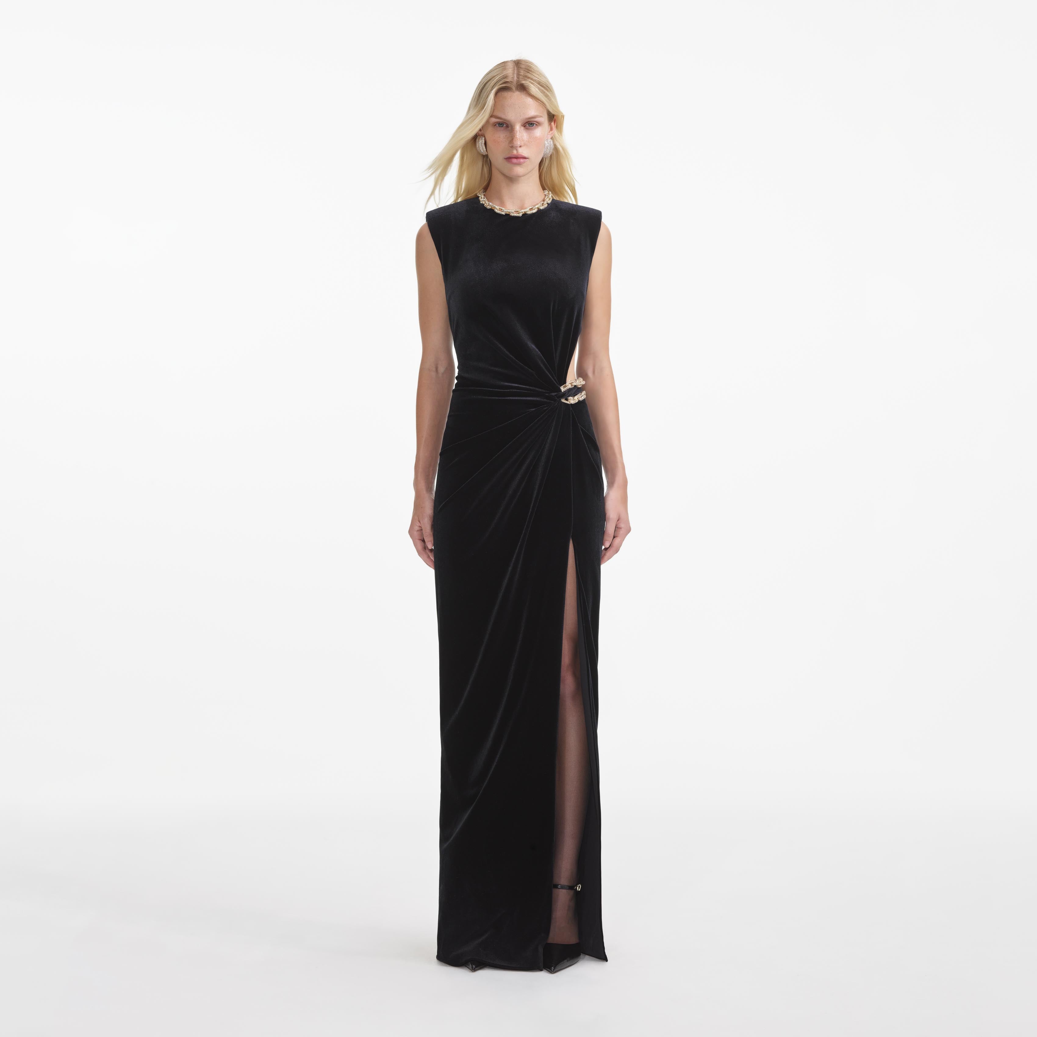 Black Velvet Embellished Cut Out Maxi Dress