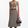 Brown Check Pleated Midi Skirt