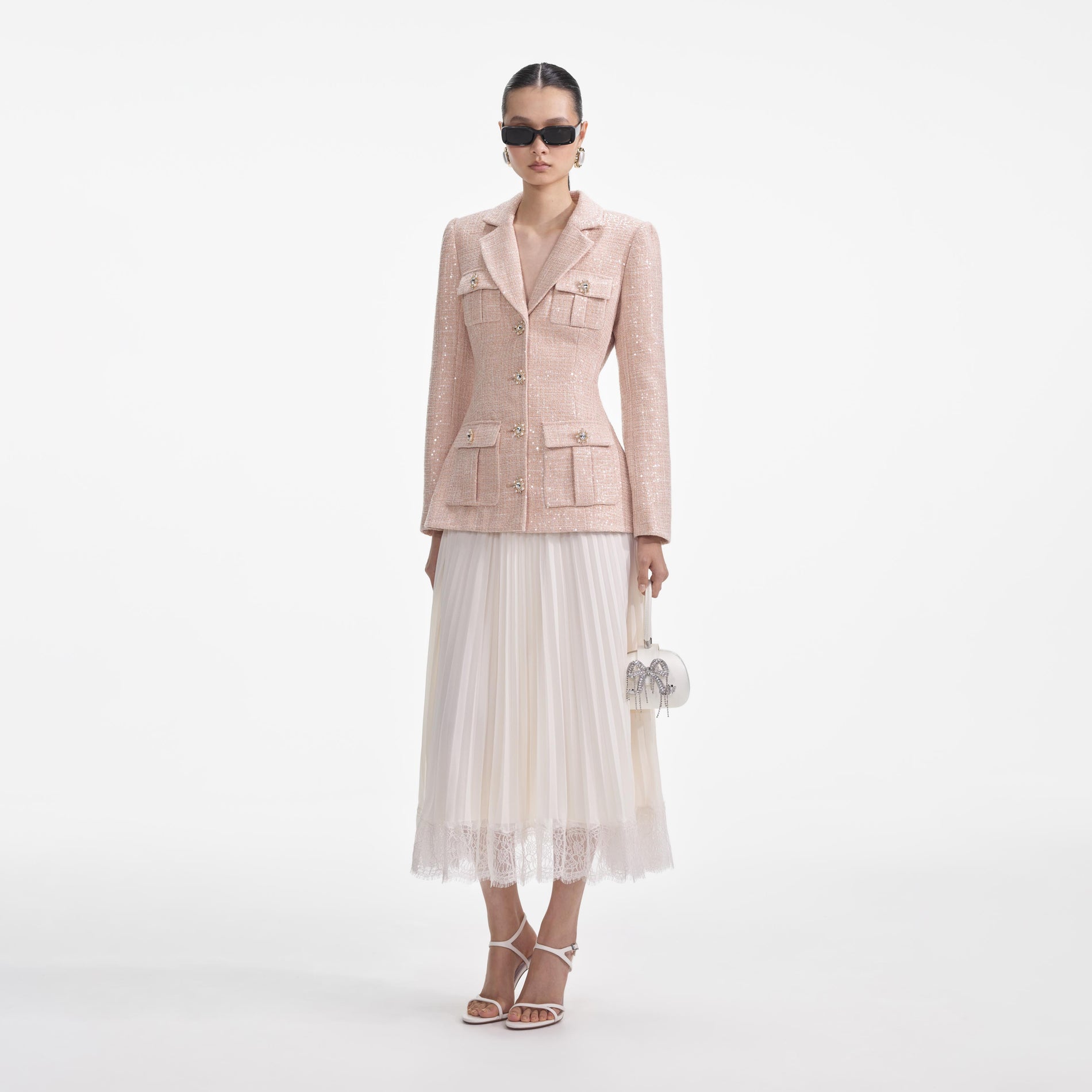 Side view of a woman wearing the Sequin Boucle Chiffon Midi Dress