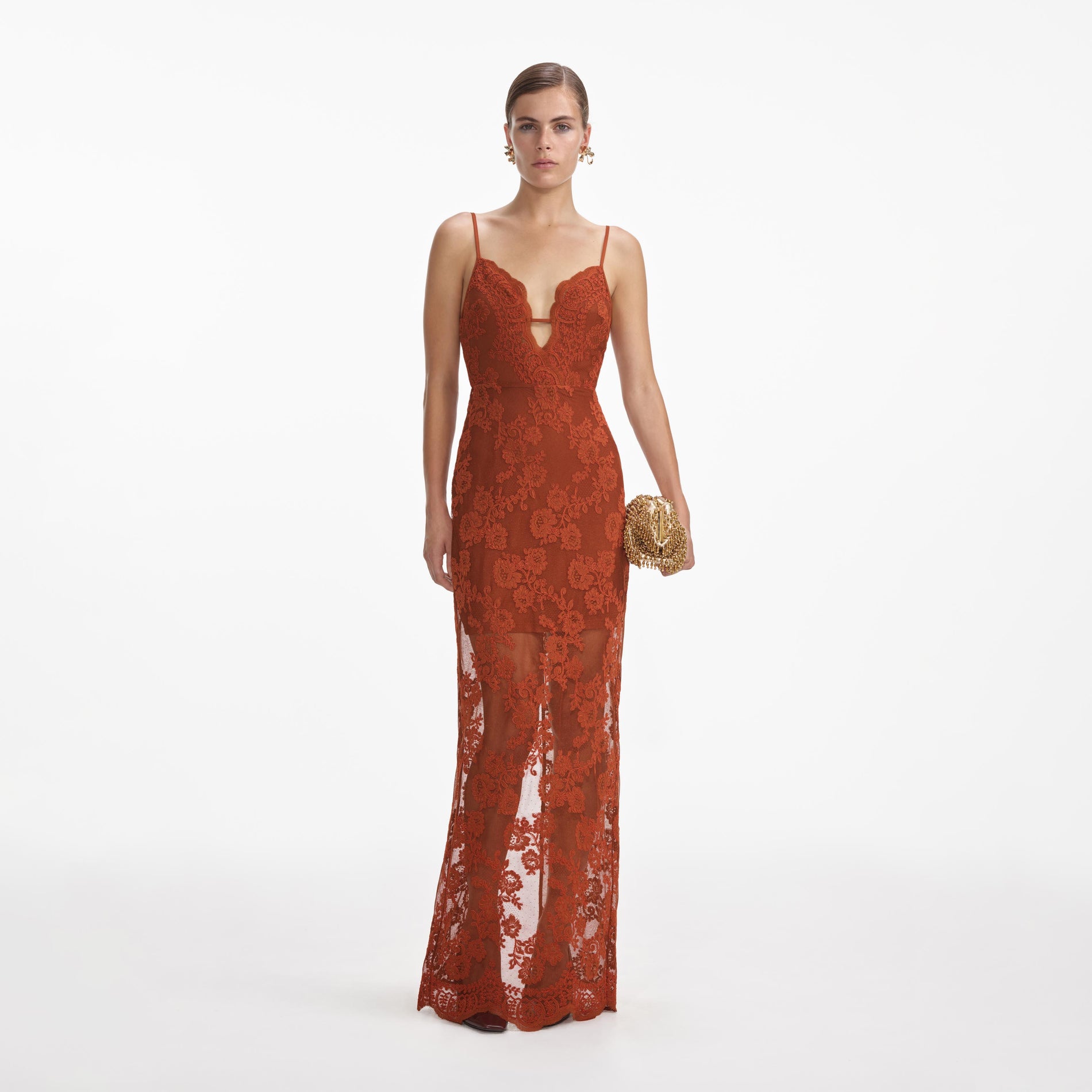 Front view of a woman wearing the Brown Lace Maxi Dress