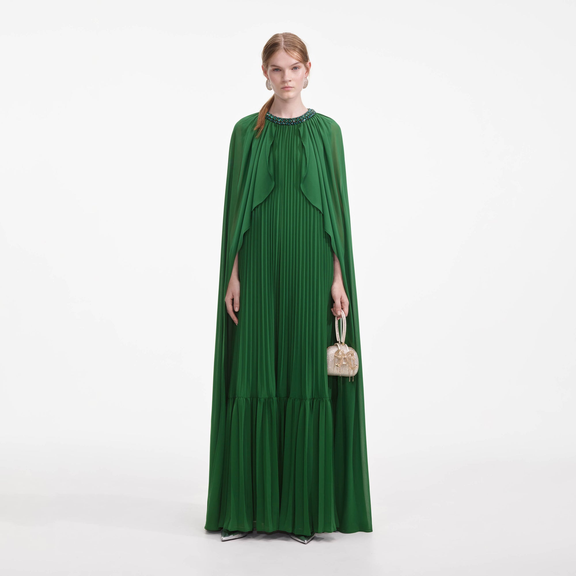 Front view of a woman wearing the Green Chiffon Cape Maxi Dress