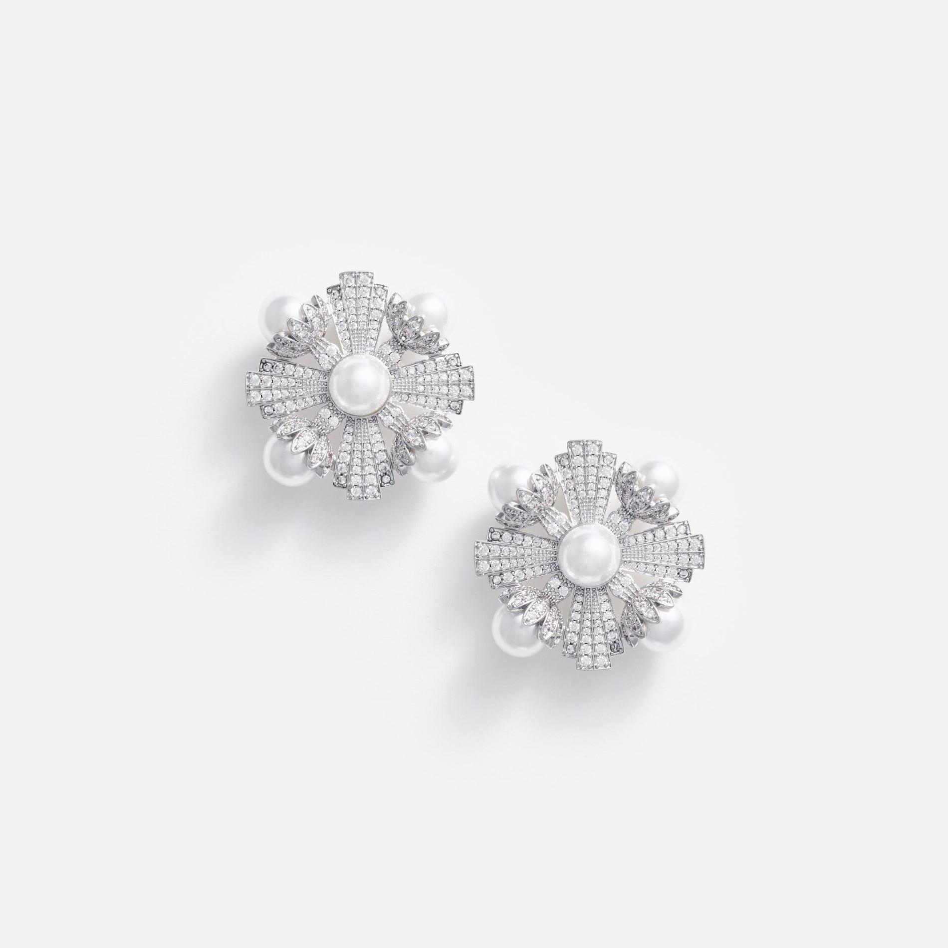 Front view of a woman wearing the Large Silver Encrusted Earrings