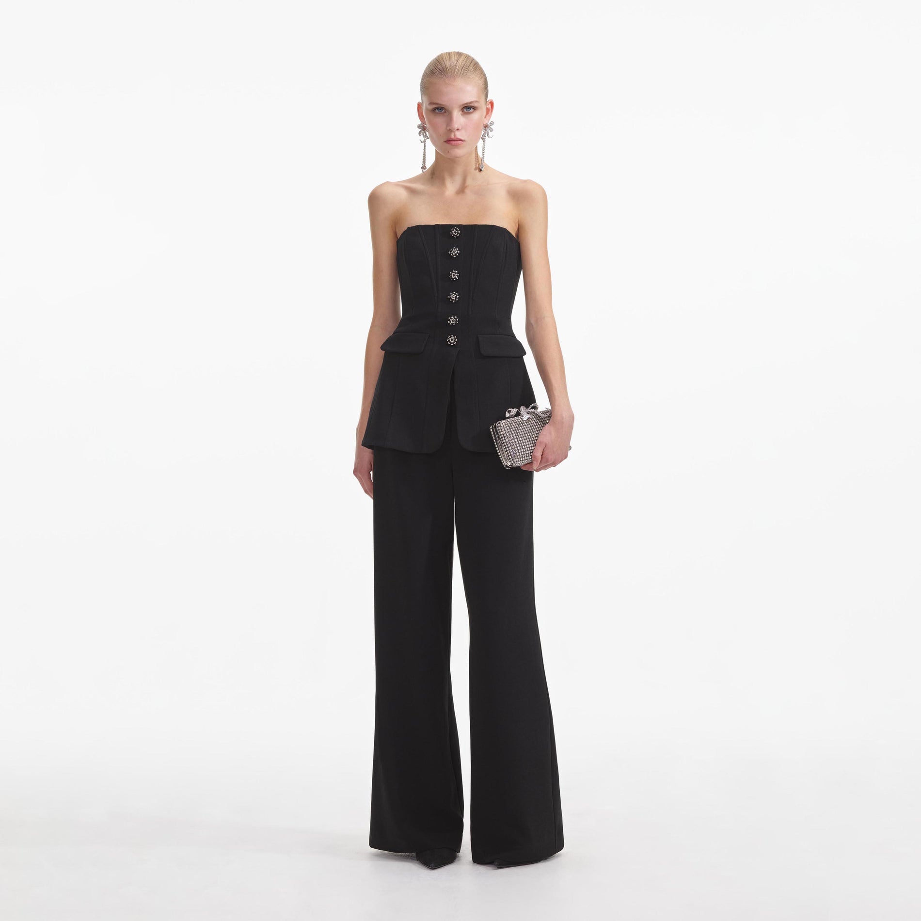 Front view of a woman wearing the Black Bandeau Crepe Jumpsuit