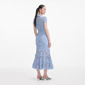 Blue Flower Lace Contrast Collar Midi Dress