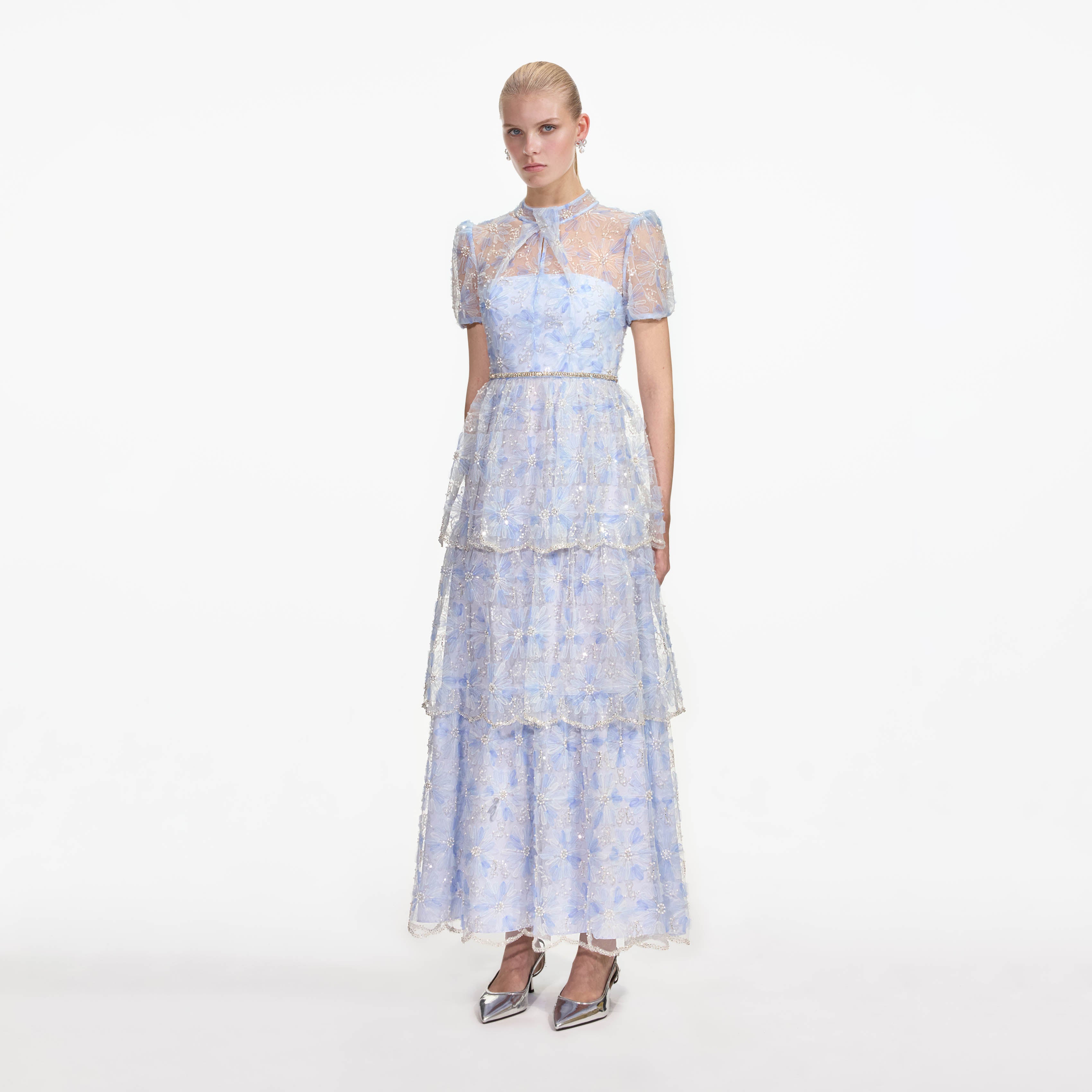 Blue Beaded Sequin Lace Maxi Dress