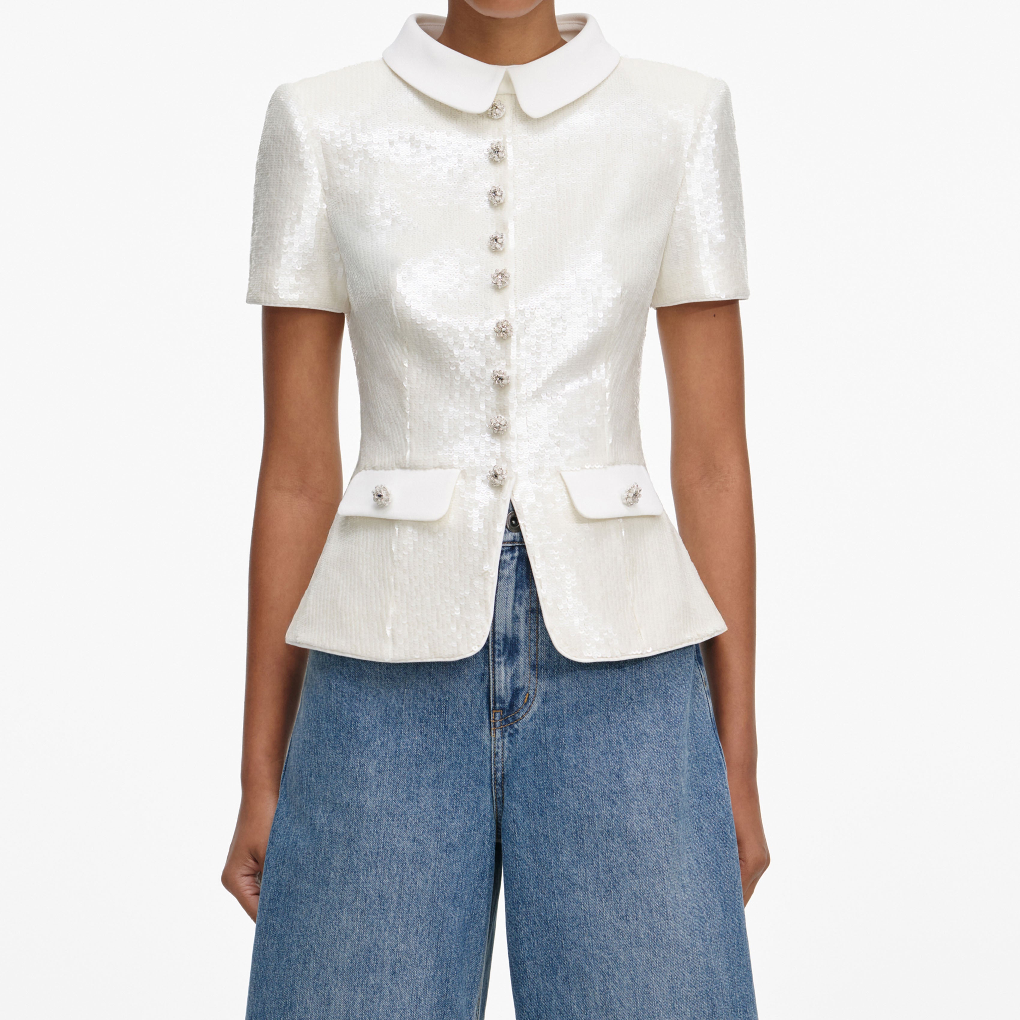 White Sequin Tailored Top