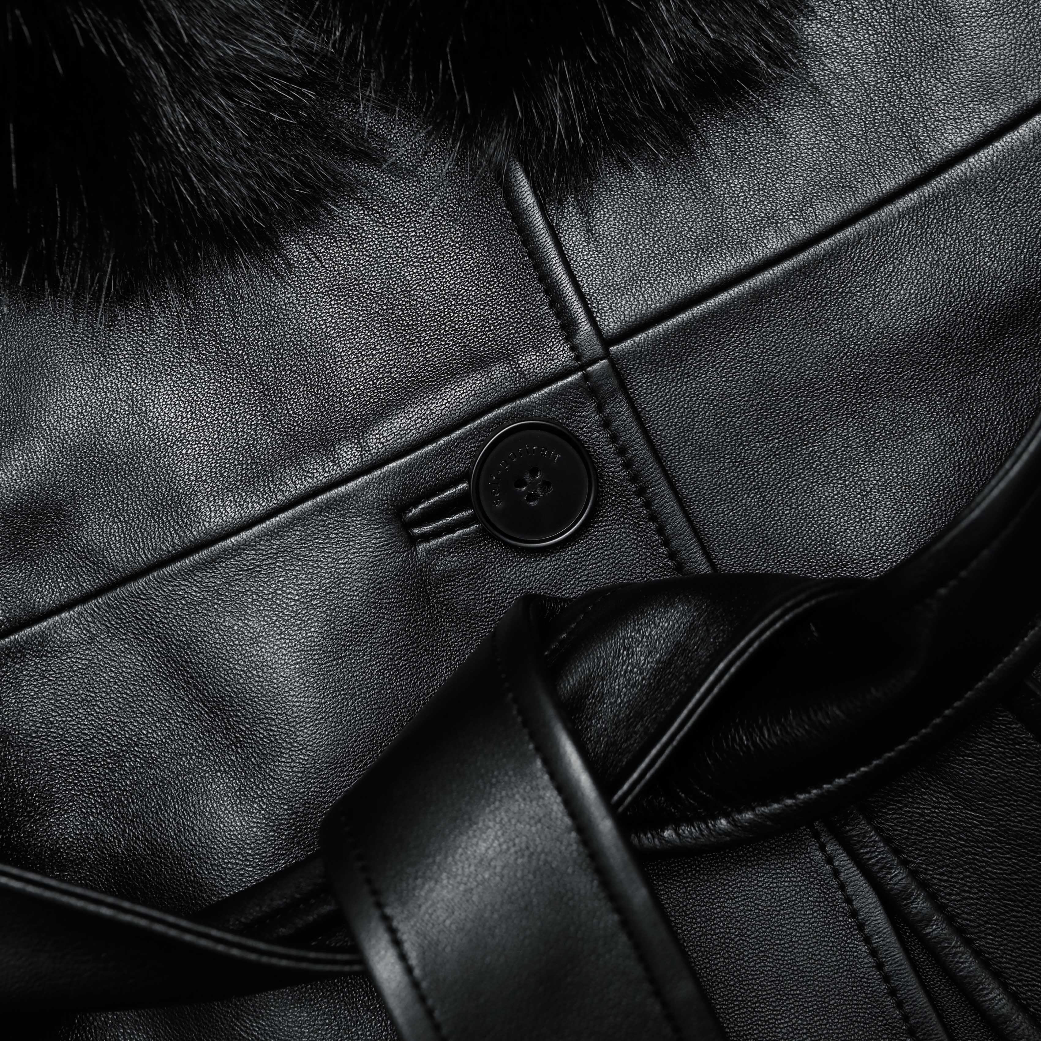 Black Leather Faux Fur Collared Coat