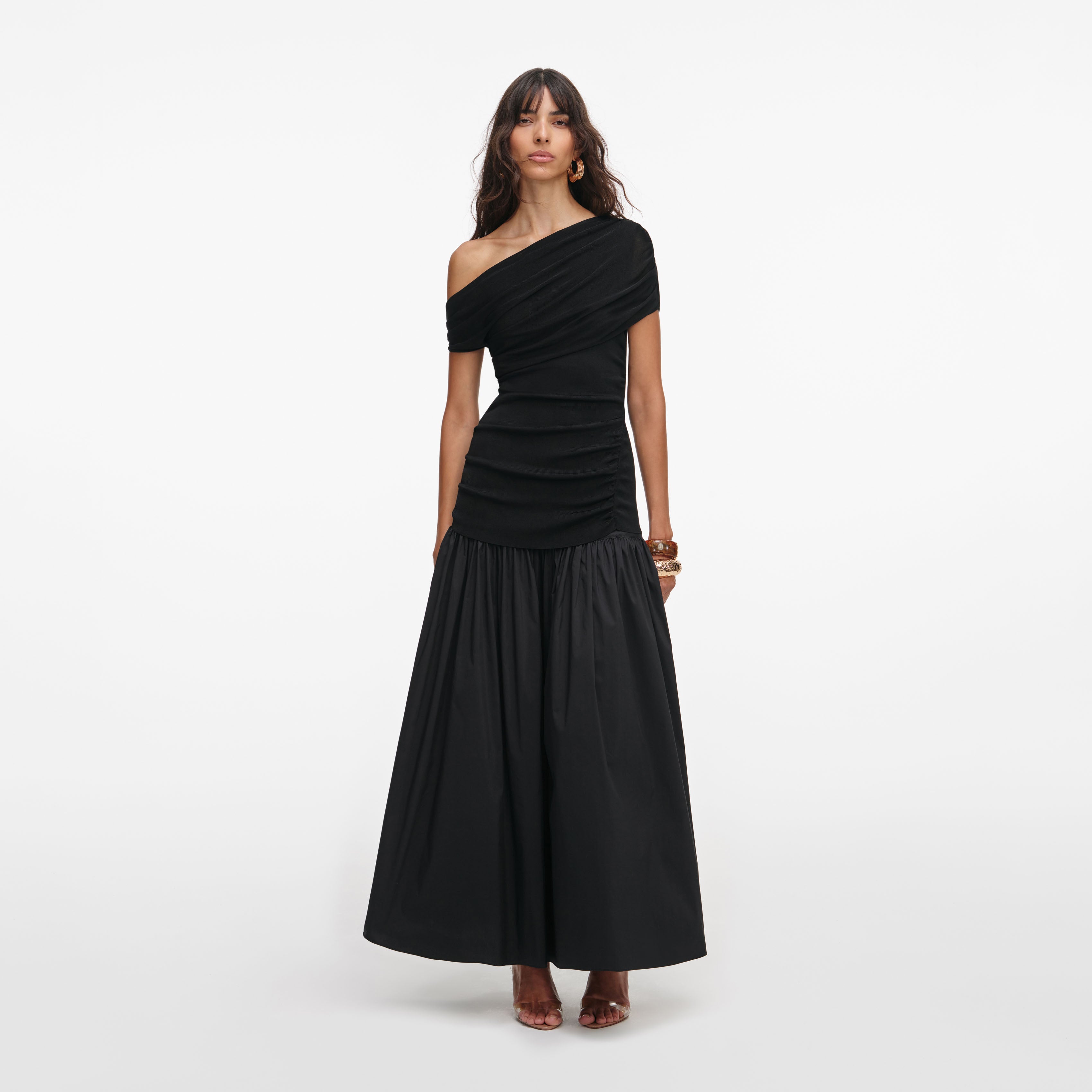 Black Cotton Draped Knit Midi Dress