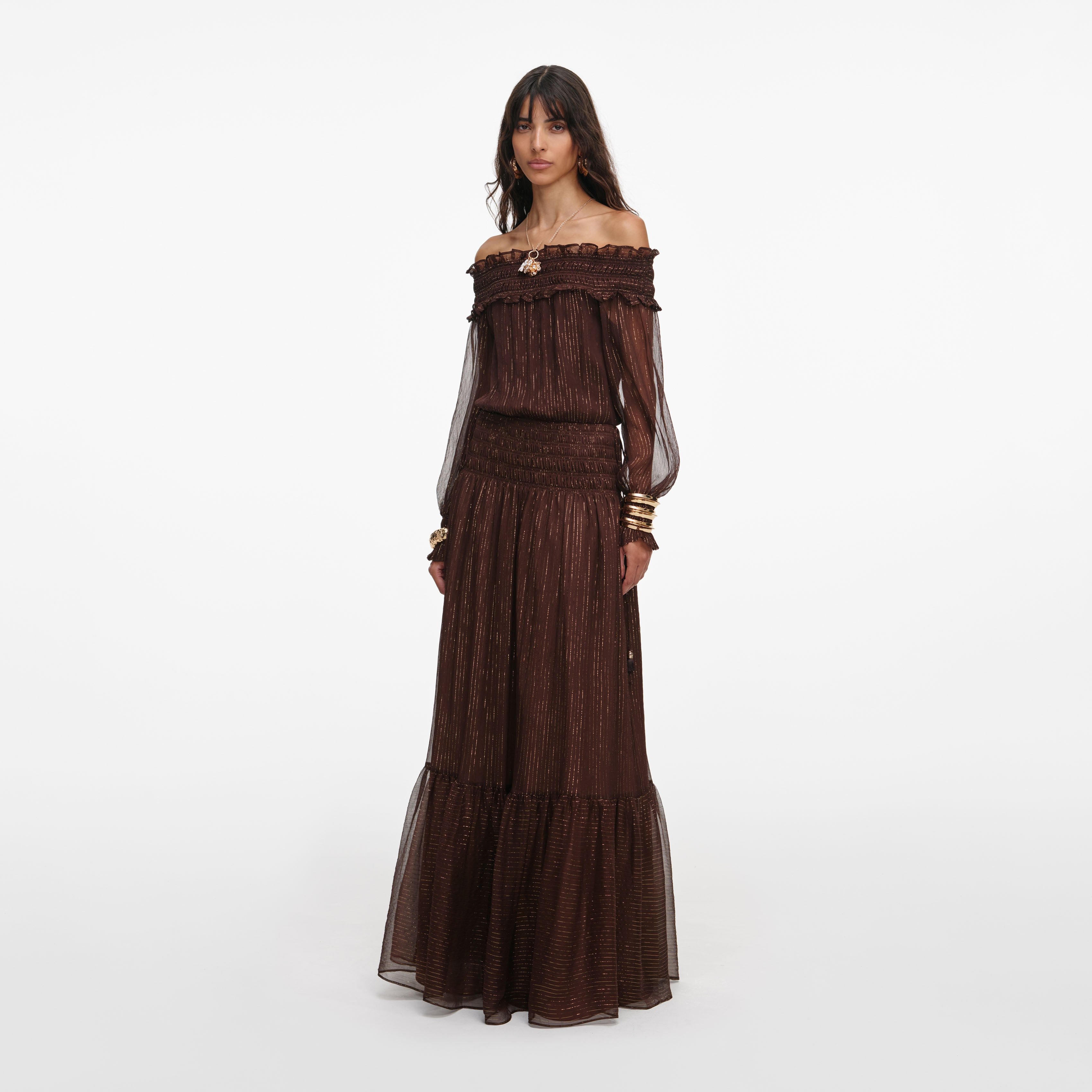Brown Georgette Off Shoulder Maxi Dress