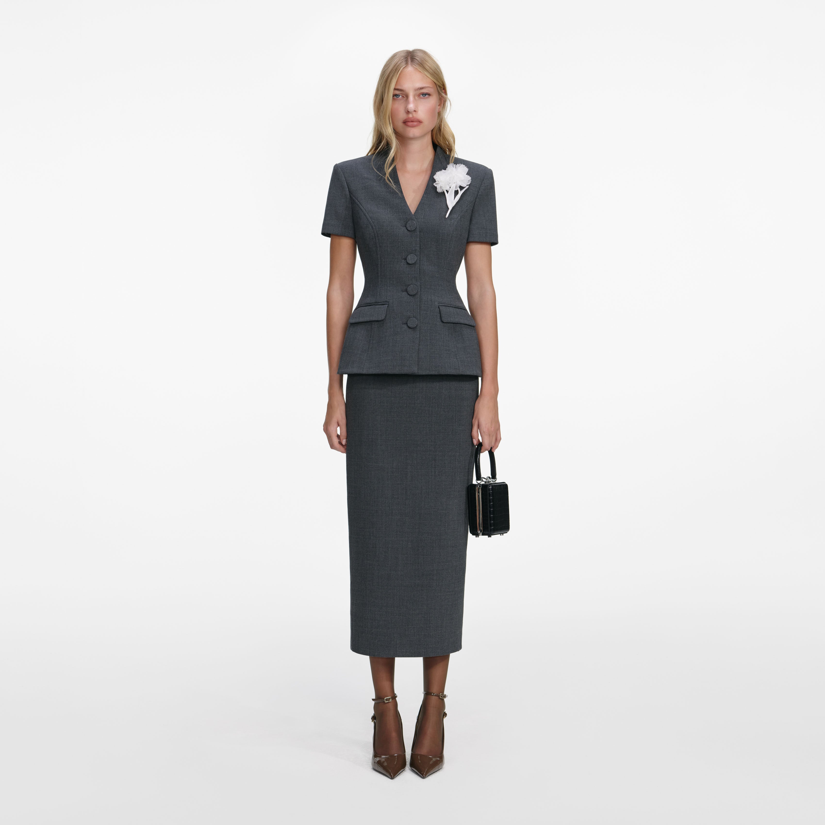 Grey Tailored Flower Detail Midi Dress