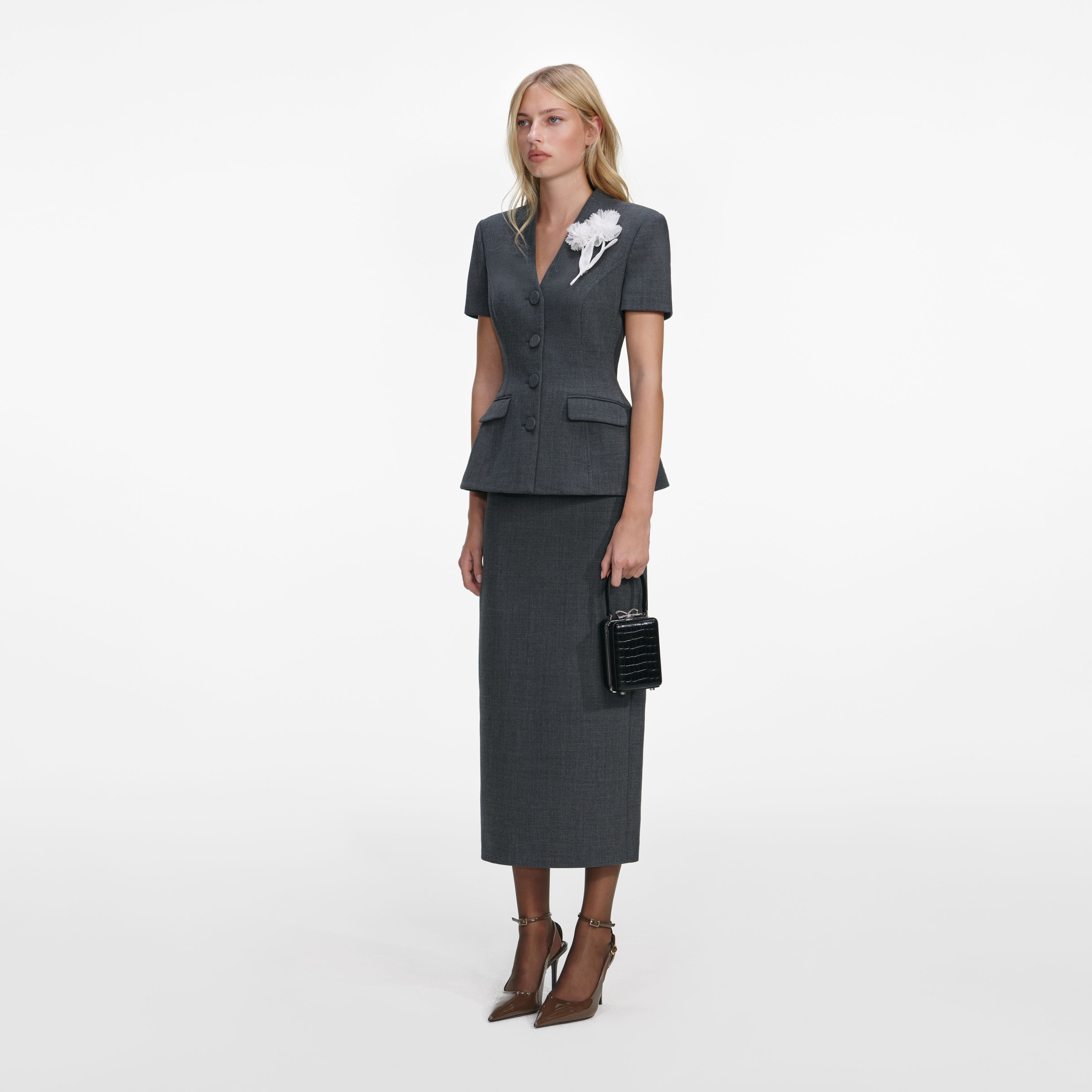 Grey Tailored Flower Detail Midi Dress