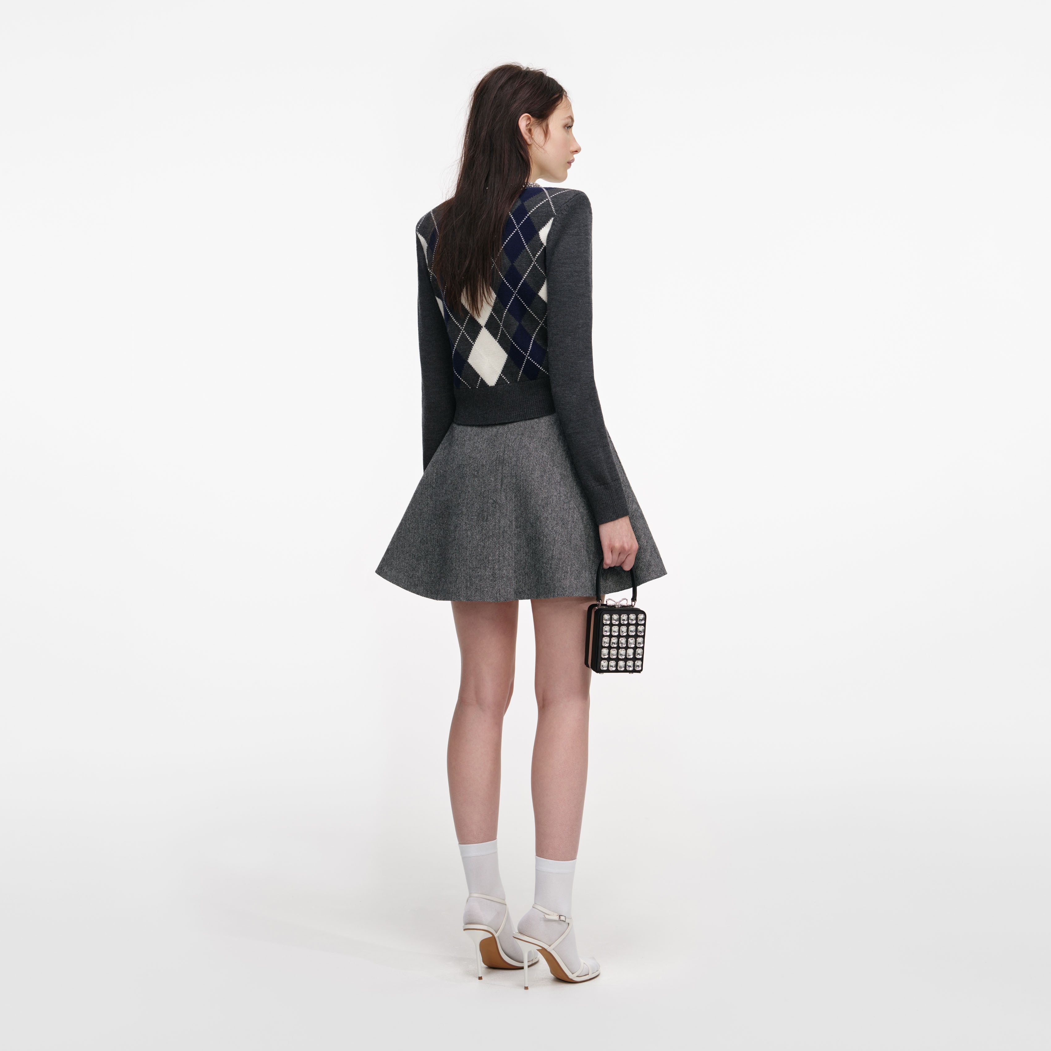 Grey Herringbone Flared Mini Skirt