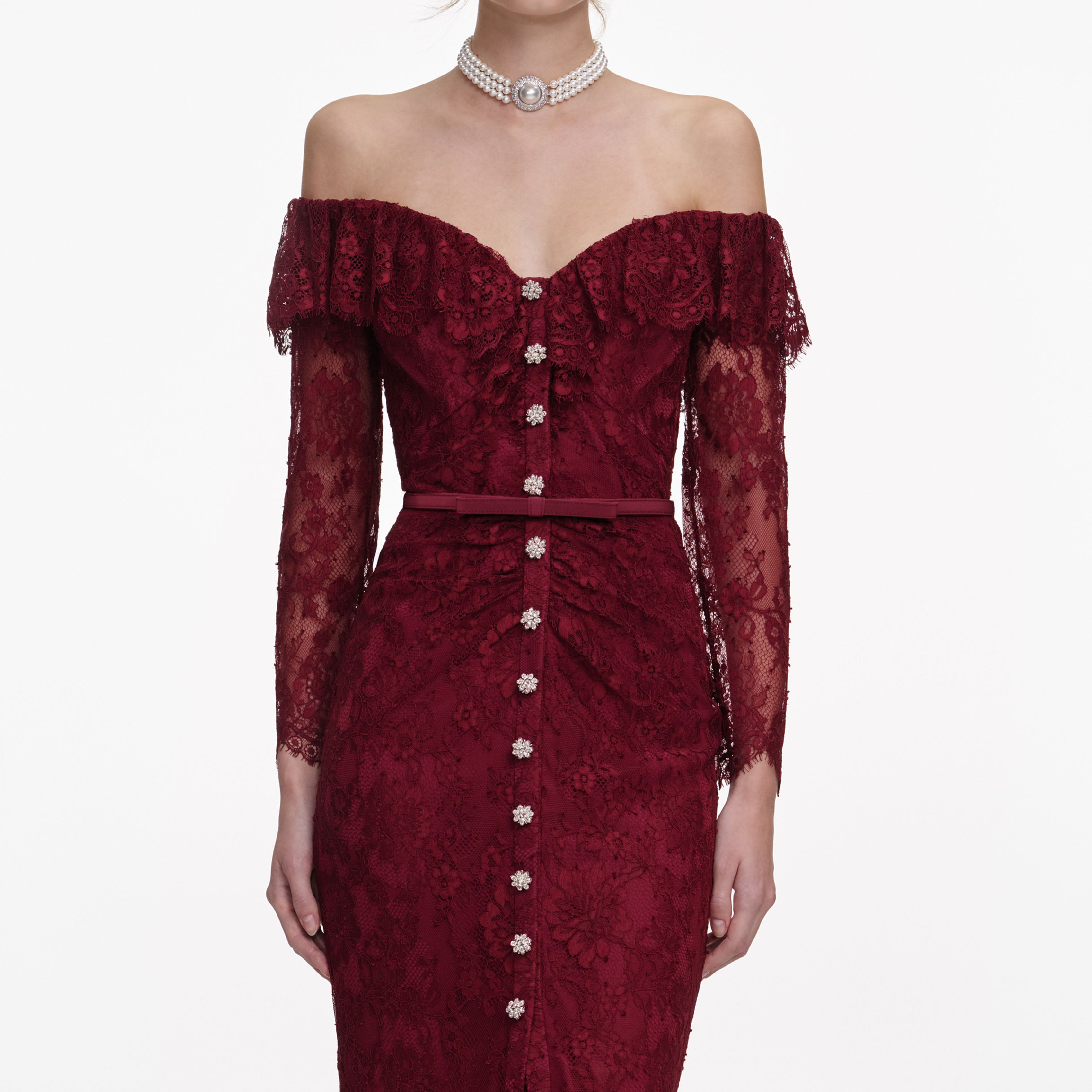 Burgundy Off Shoulder Gathered Lace Maxi Dress