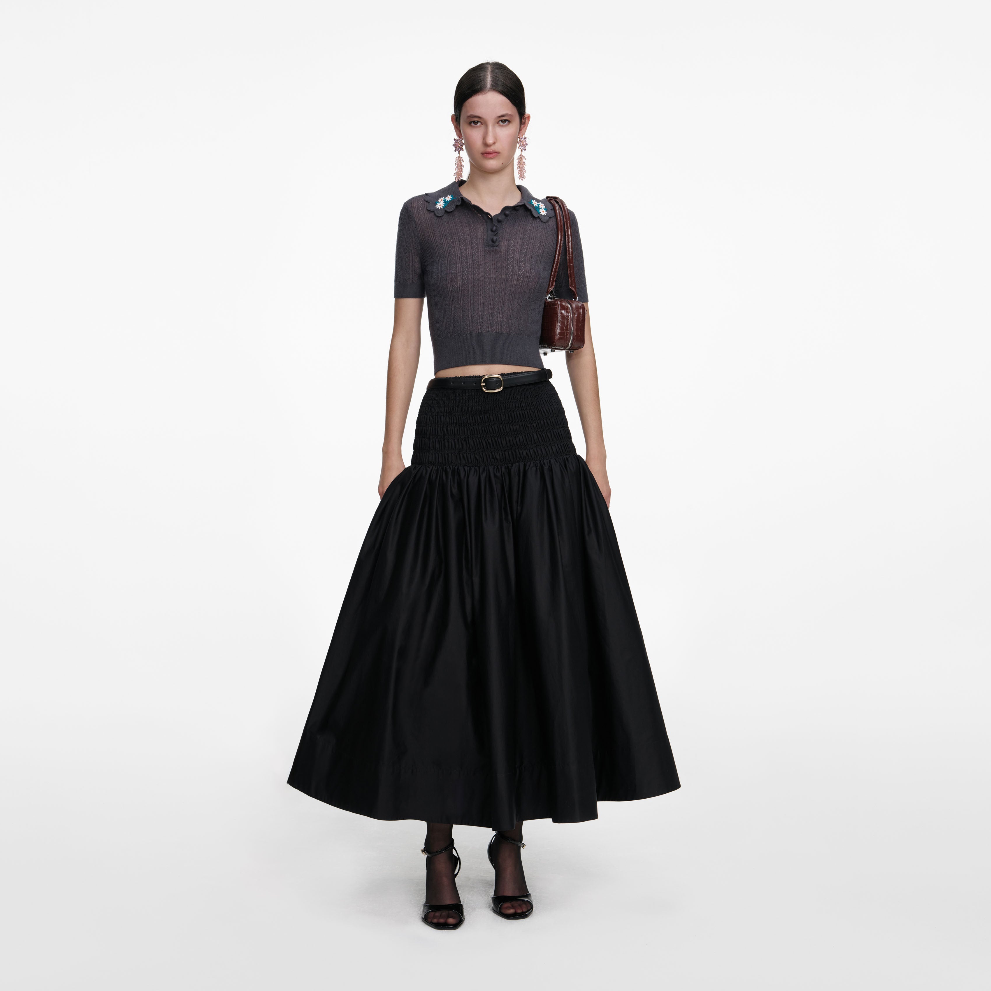 Grey Embroidered Pointelle Knit Top