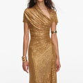 Gold Rhinestone Drape Midi Dress