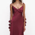 Burgundy Satin Flower Midi Dress