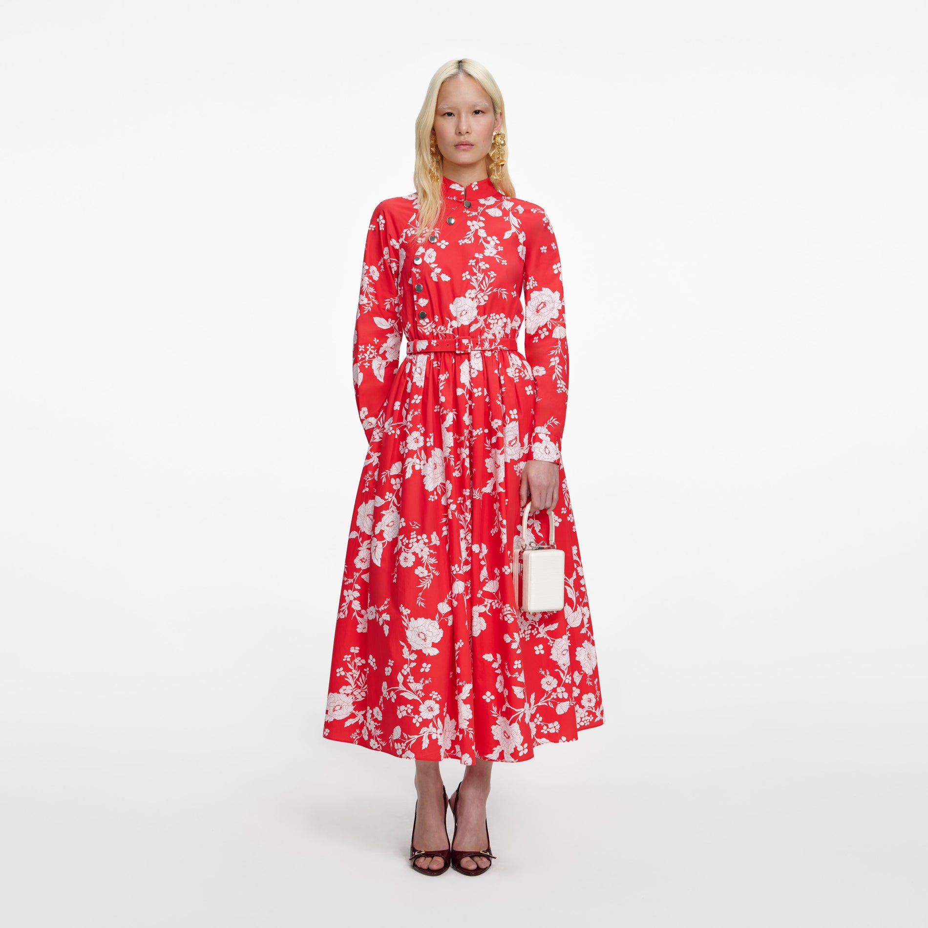 Red Floral Cotton Midi Dress